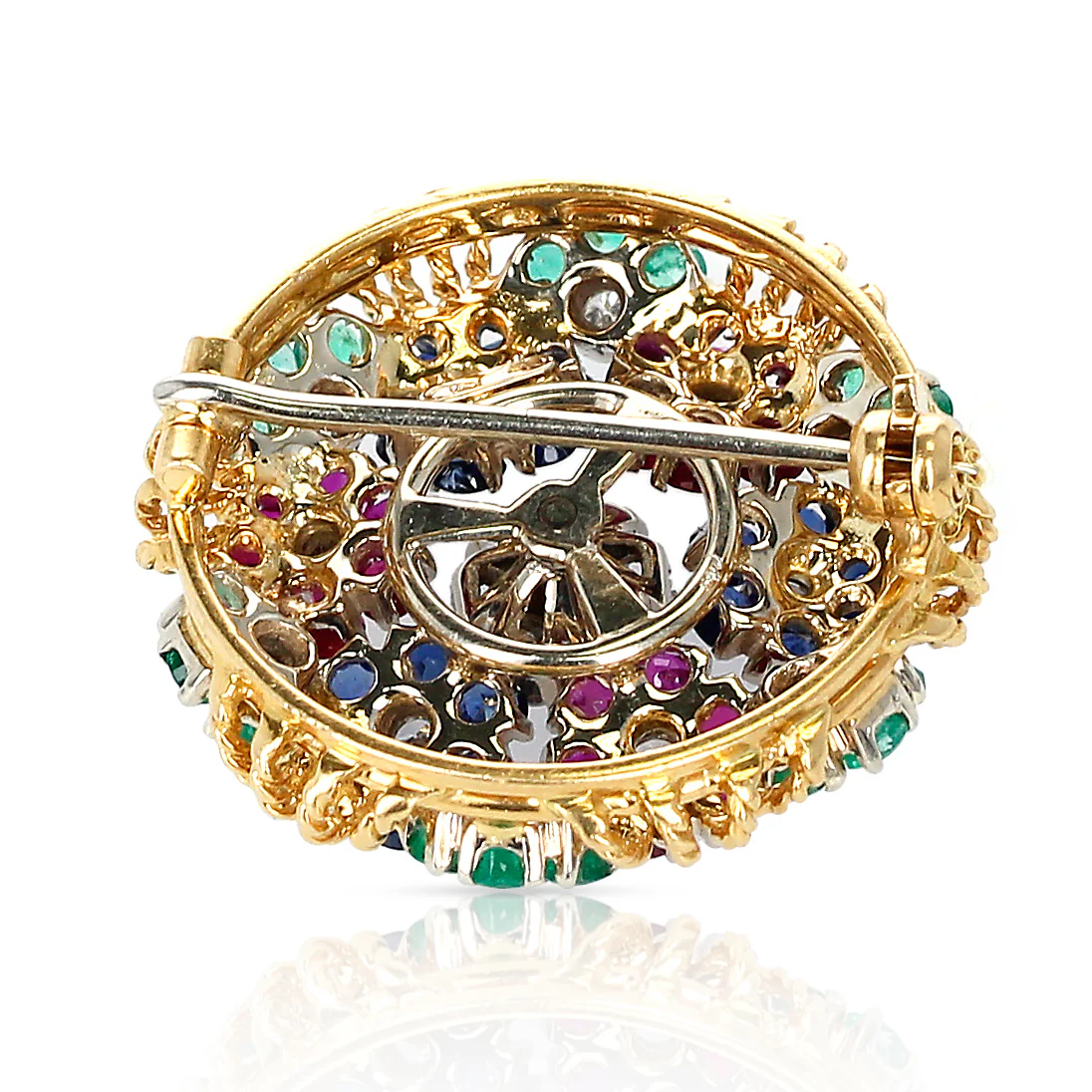 Ruby, Sapphire, Emerald and Diamond Circular Floral Design Brooch, 14k Gold