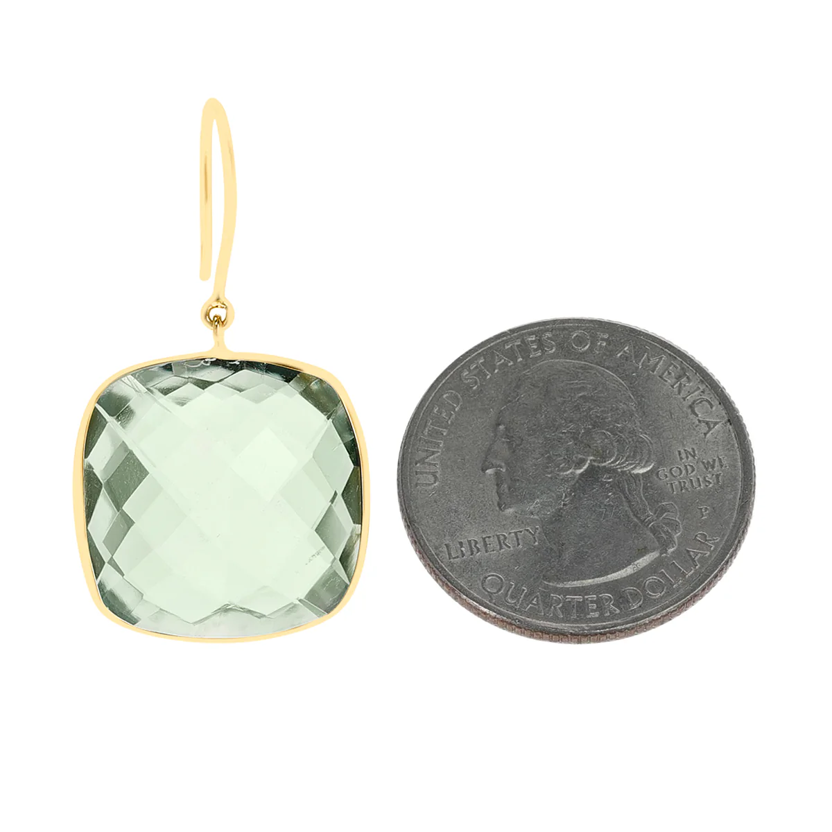 Green Amethyst Square Shape Dangling Earrings made in 18 Karat Yellow Gold.