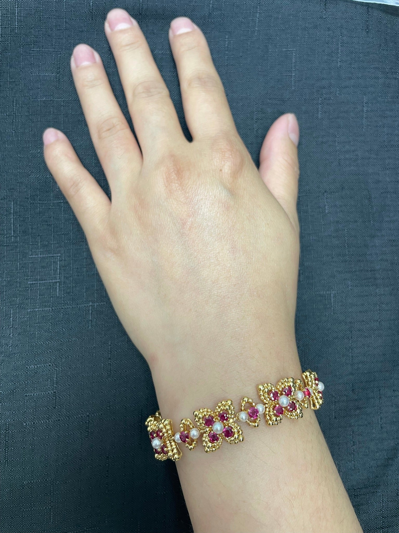 French Alexandre Reza 7.41 ct. Ruby and Pearl Bracelet with French Marks, 18K