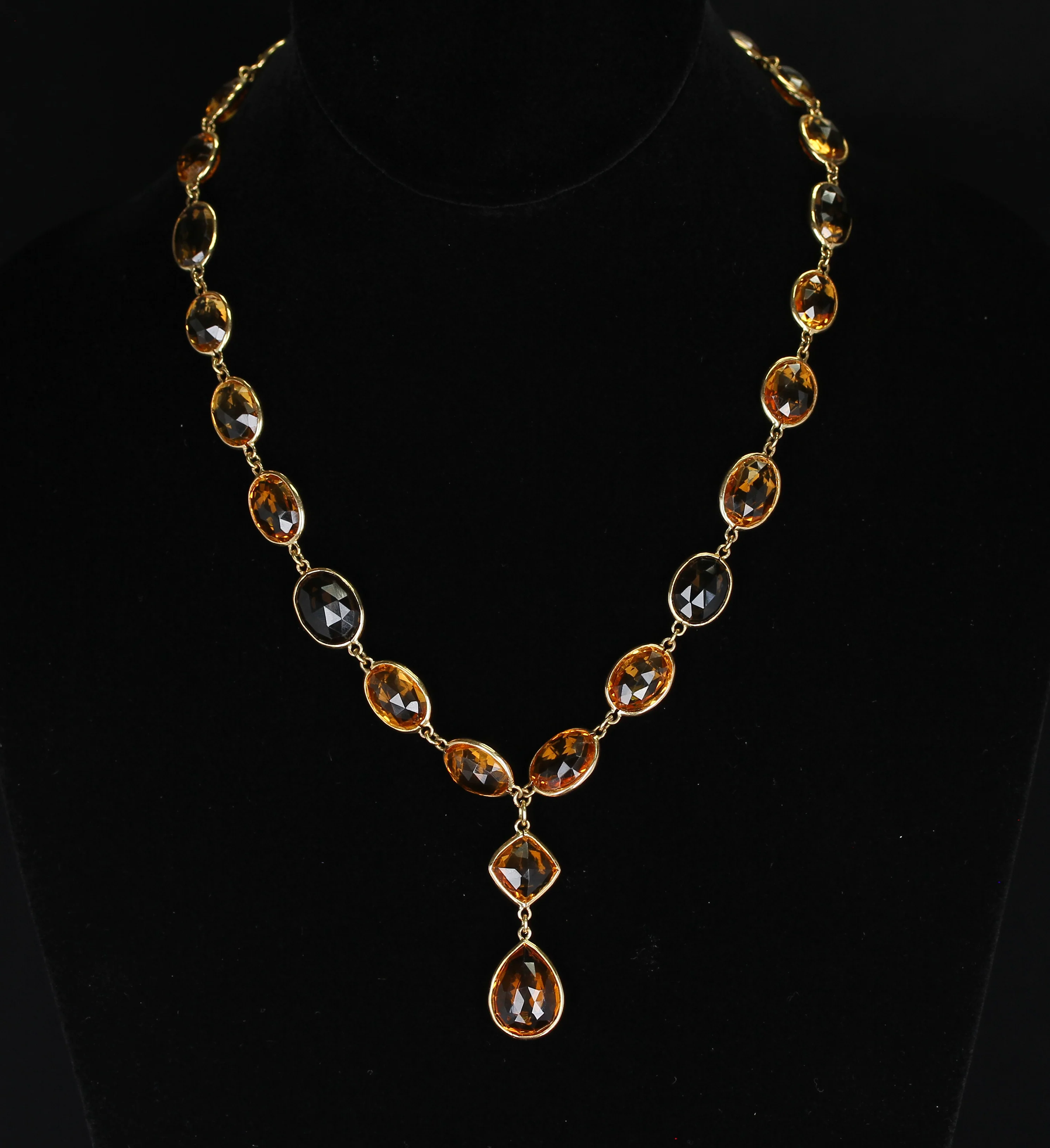 Citrine and Smoky Quartz Double Cabochon Rose Cut Fine 18K Gold Necklace