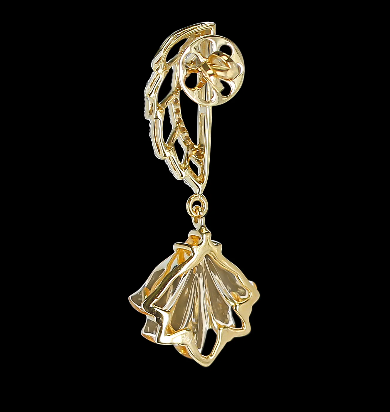 Carved Citrine and Diamond Wing Earrings, 14K Gold