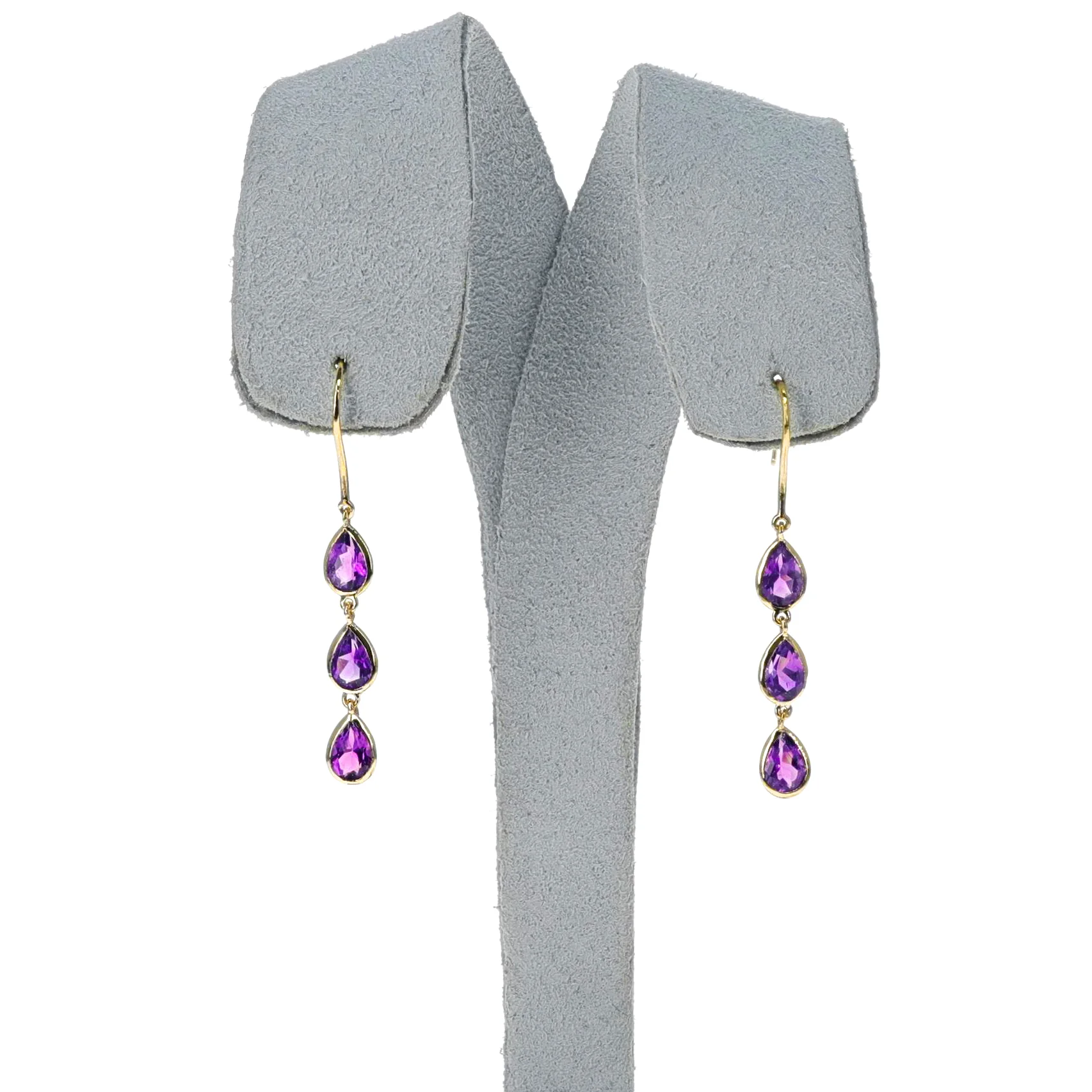Three Stone Pear Amethyst Dangling Earrings