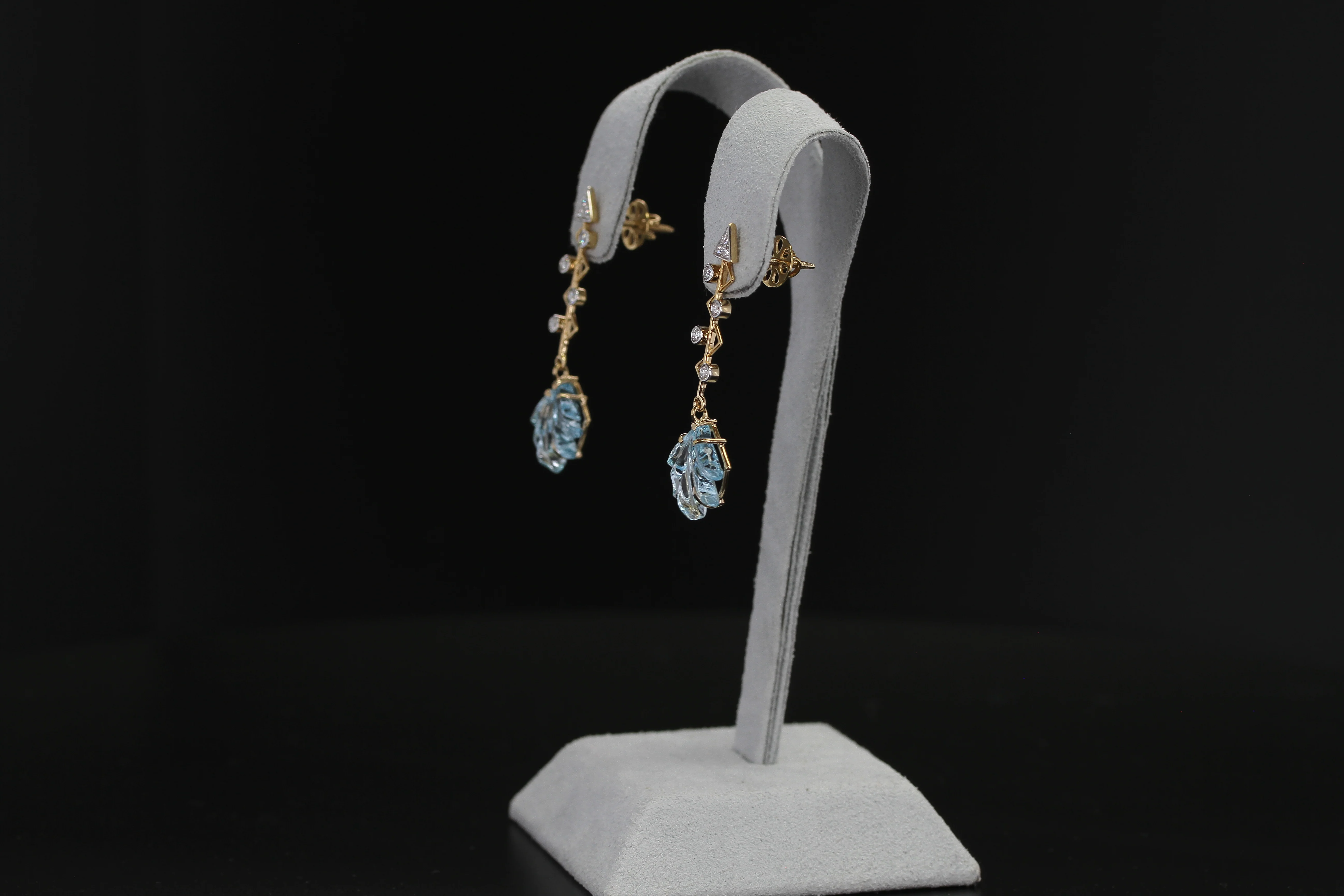 Cupid's Arrow Leaf Carved Blue Topaz Earrings with Diamonds, 14K Yellow Gold
