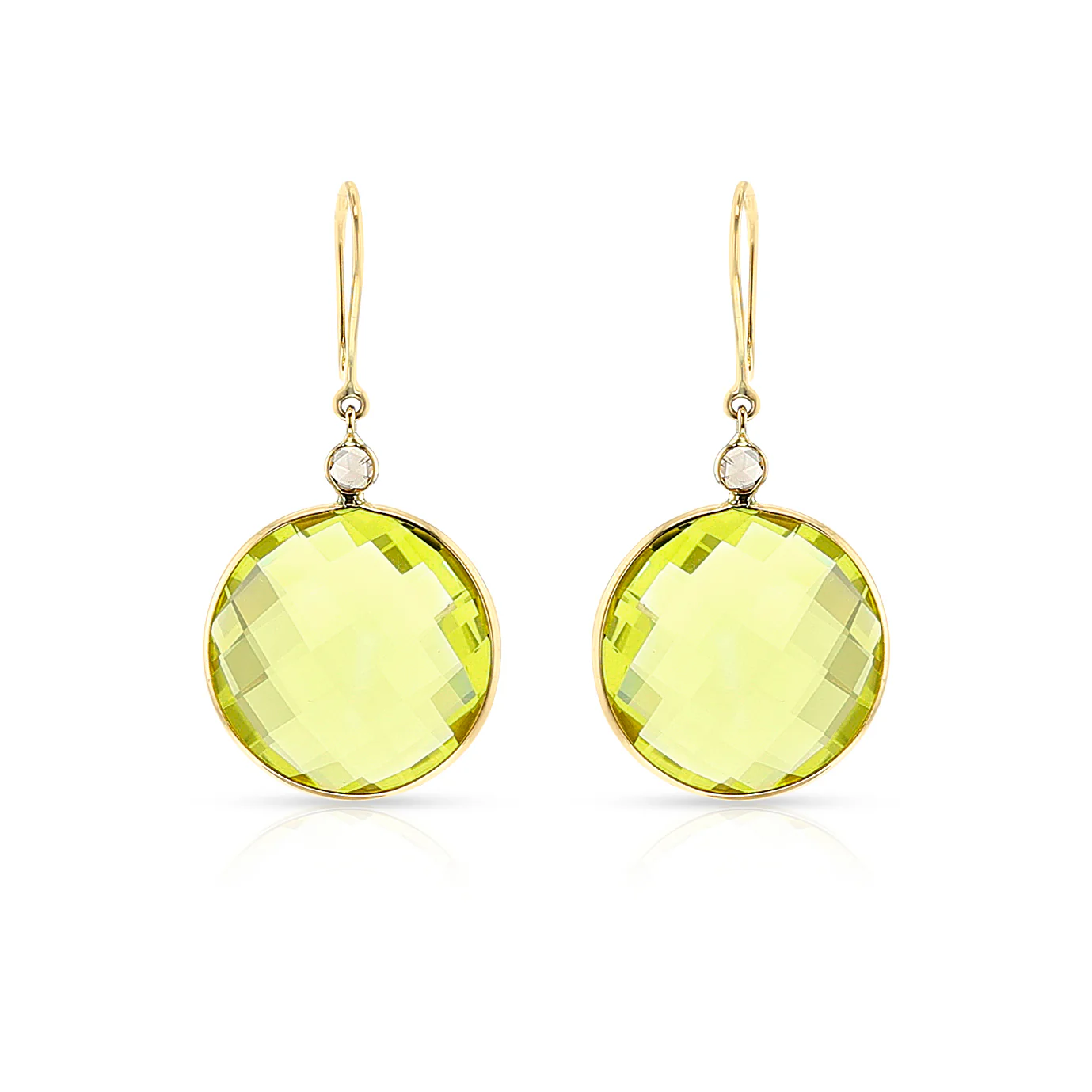 Round Lemon Topaz and Diamond Rose Cut Dangling Earrings, 18k