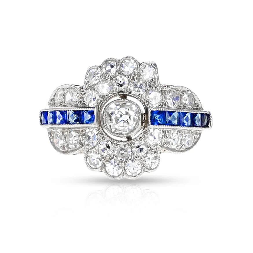 Art Deco-Style Diamond and Sapphire Ring, Platinum