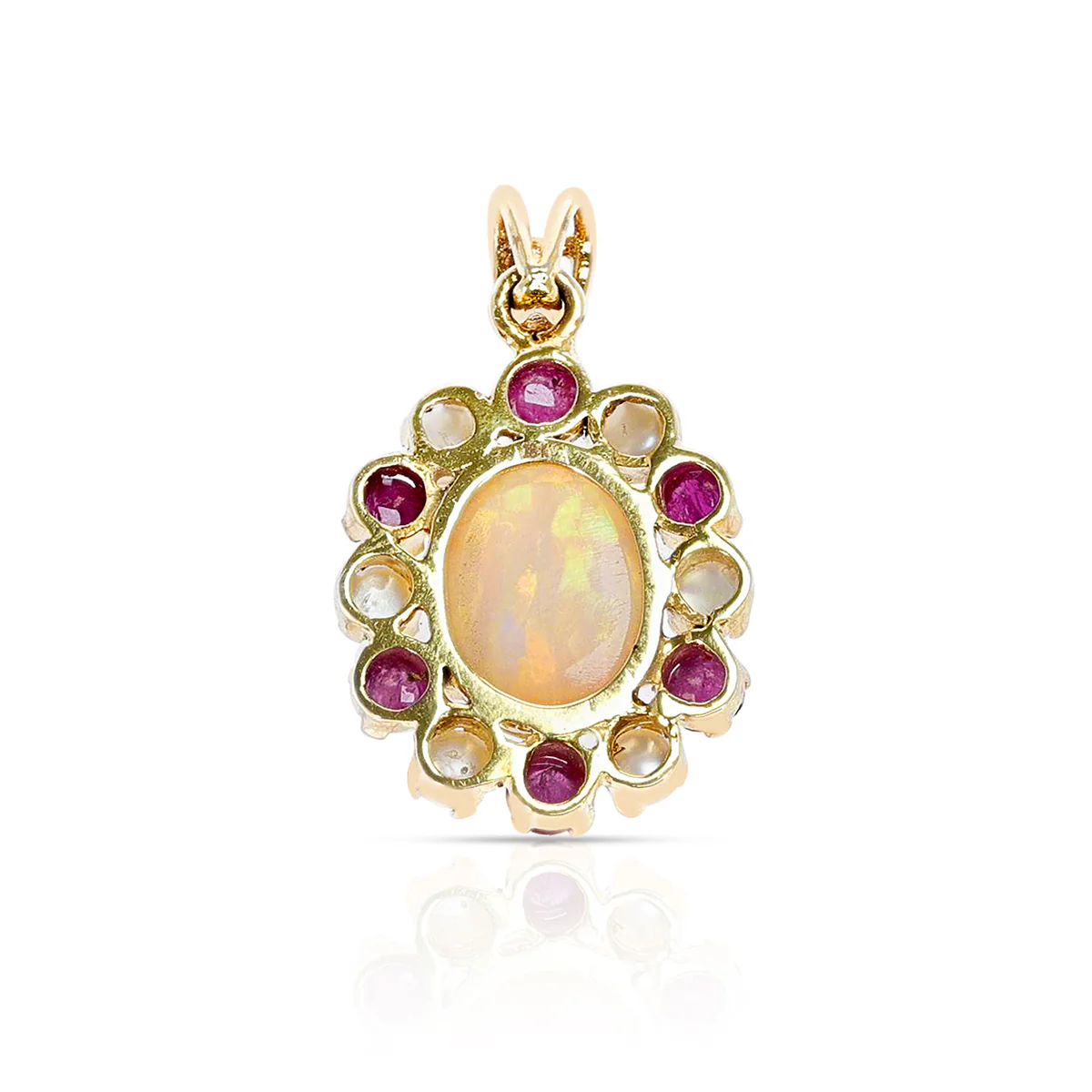 Opal Pendant with Ruby and Pearl, 14K Yellow Gold