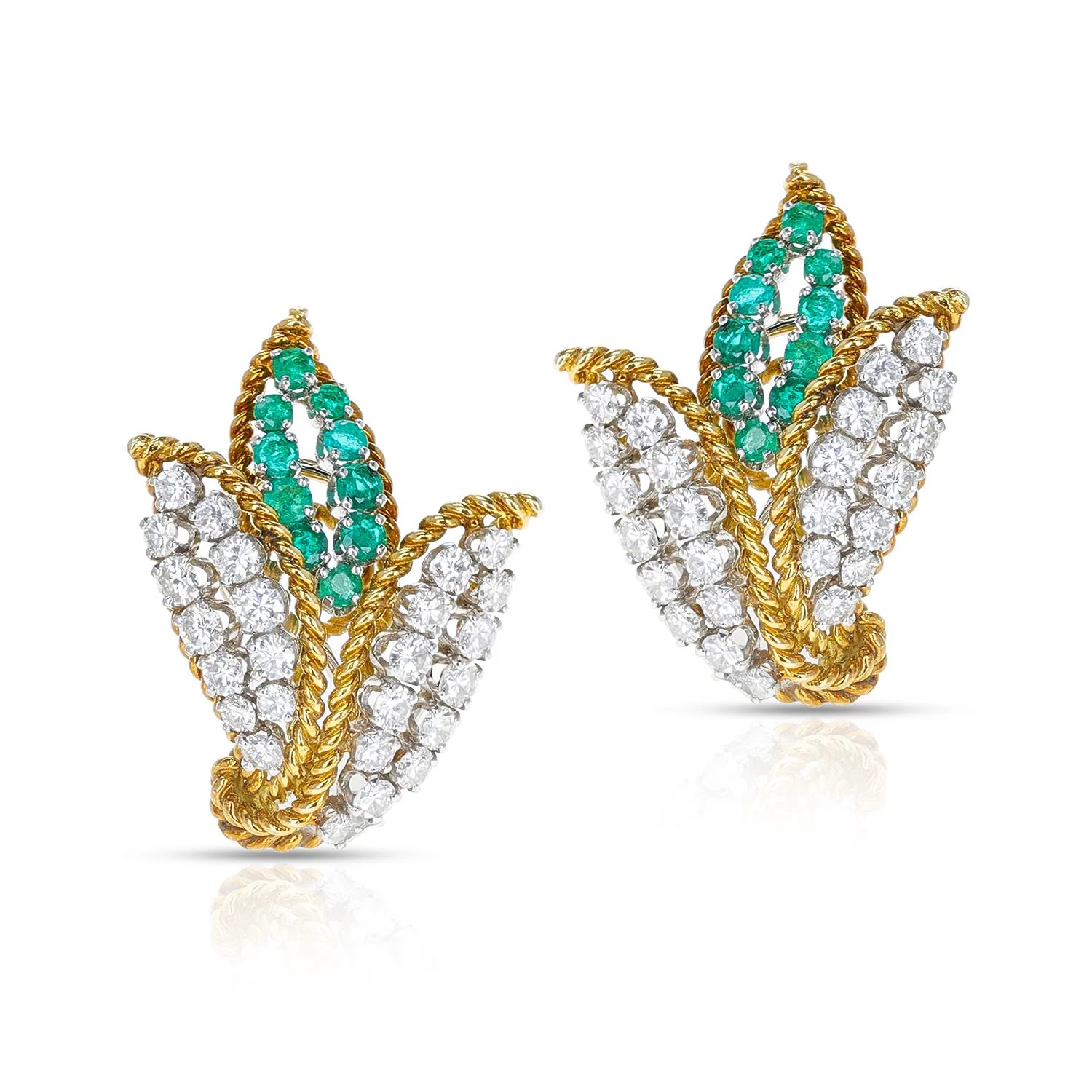 Round Diamonds and Emeralds Three Leaf Design Earrings, 18K and Platinum