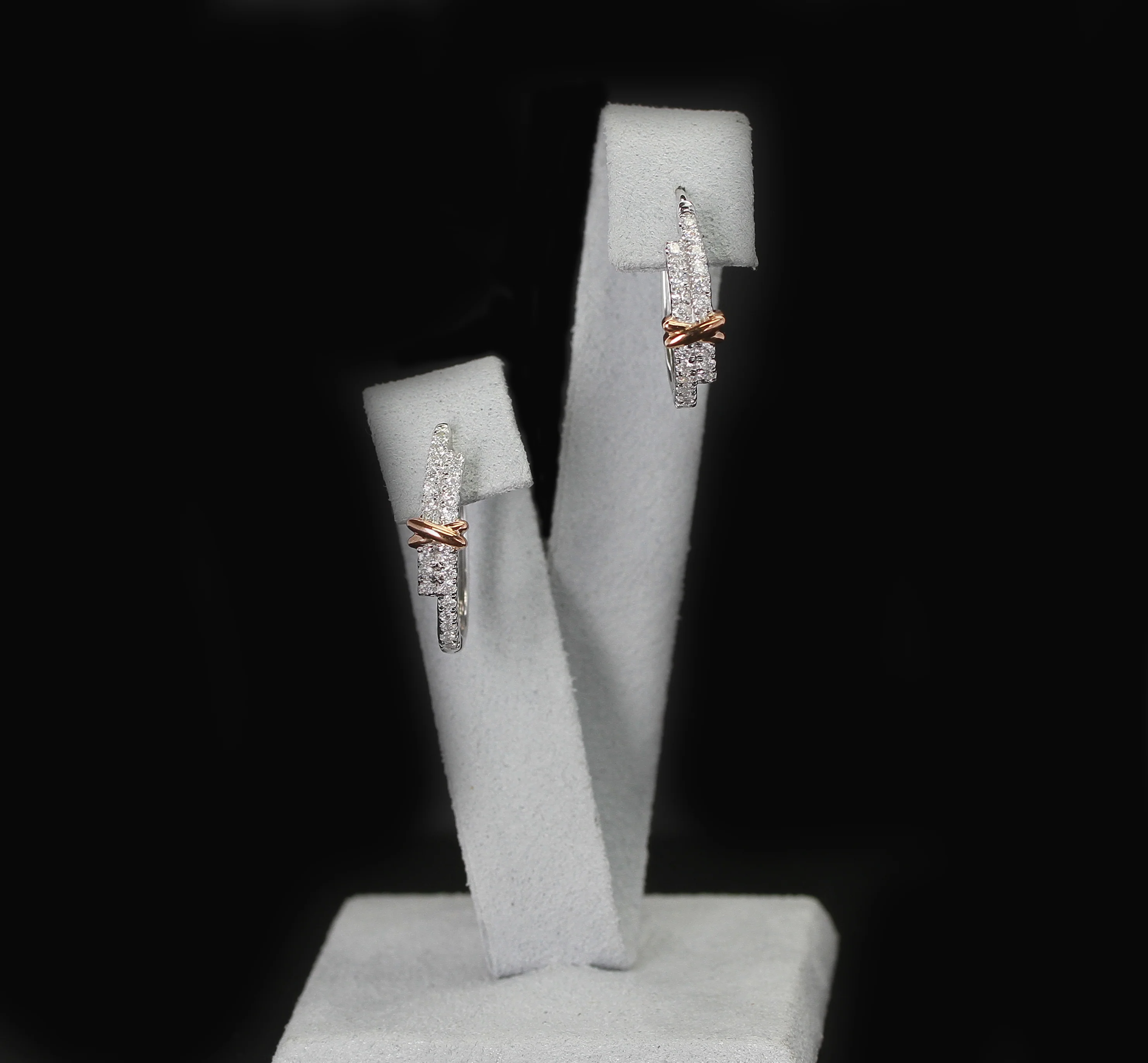 Large White Diamond Hoop Earrings with a Rose Gold Bow, 14K Gold
