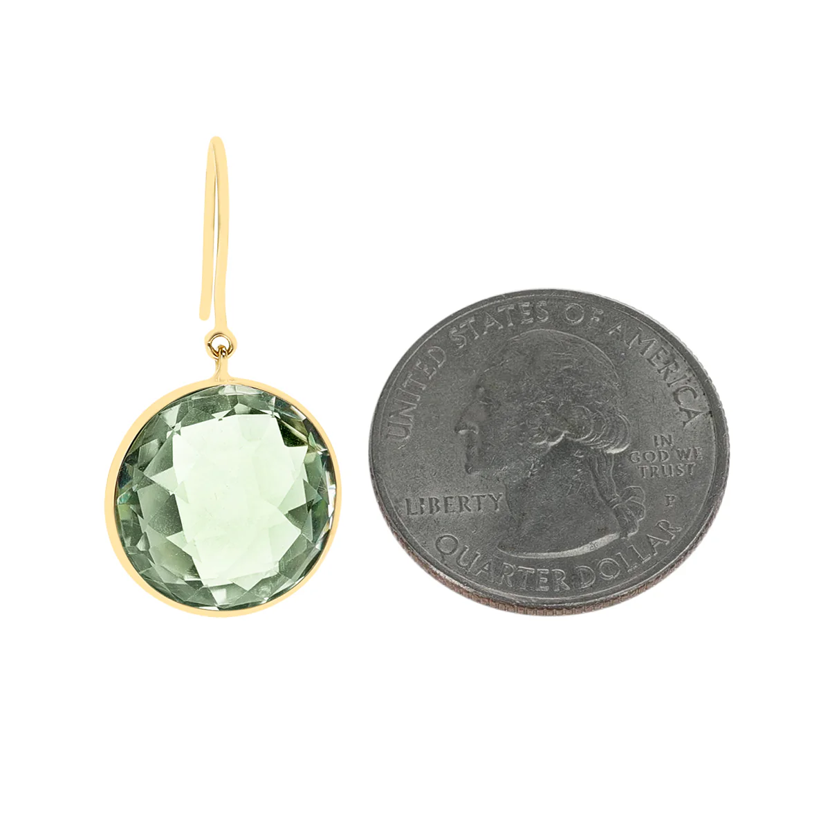 Green Amethyst Round Shape Dangling Earrings made in 18 Karat Yellow Gold.
