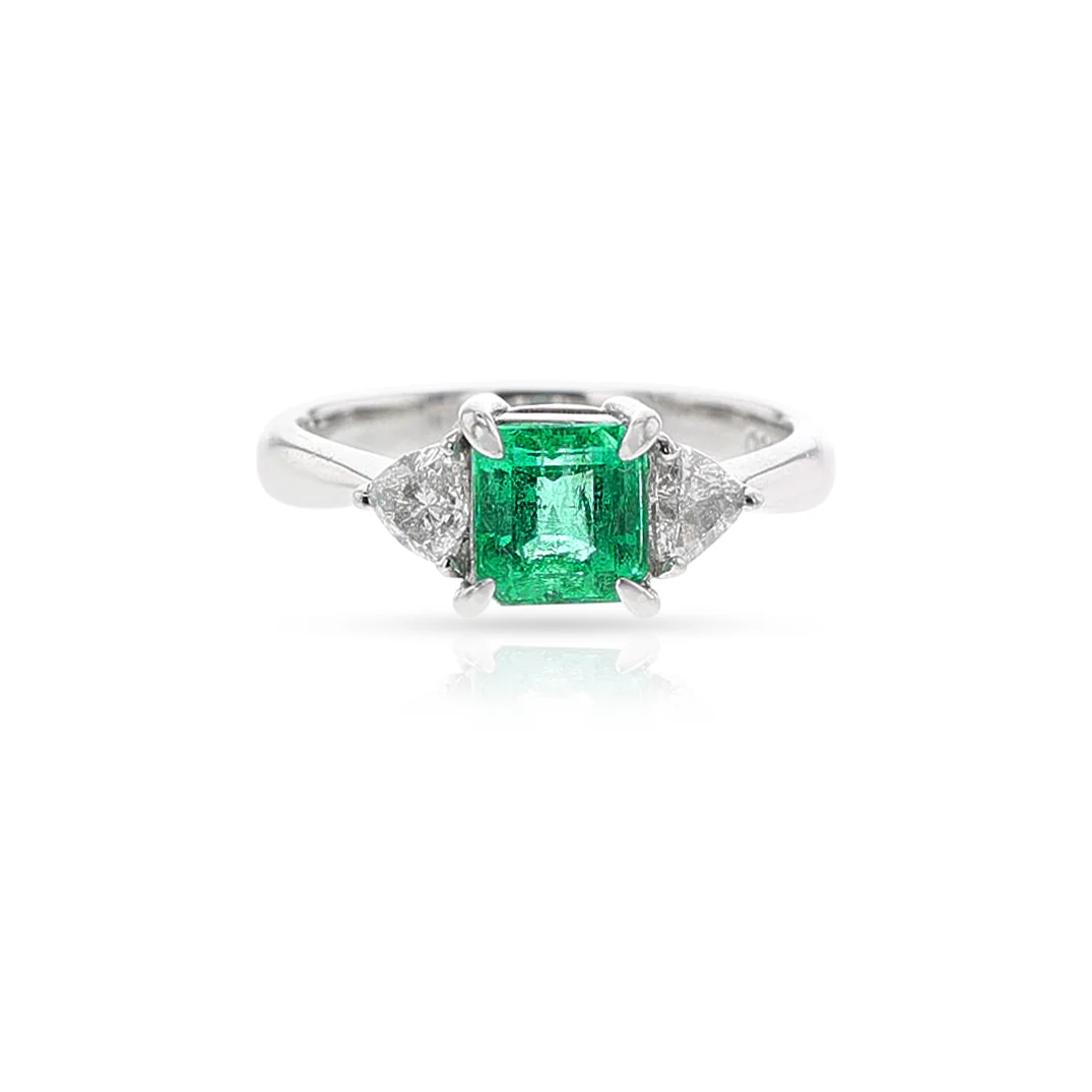 Square-Cut Emerald Three Stone Ring, Platinum