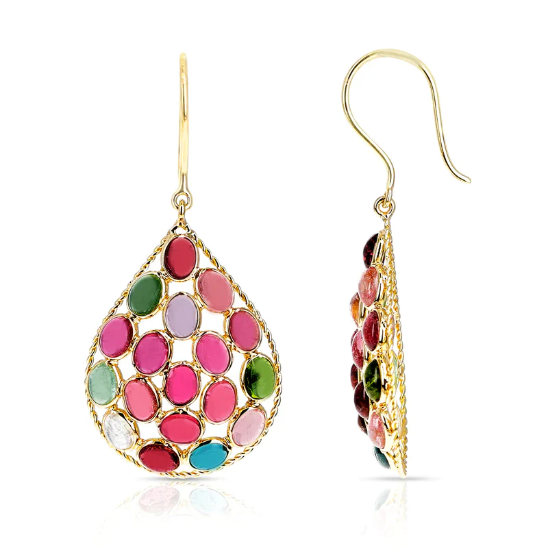 Round Shape Dangling Tourmaline Cabochon Earrings, 18k