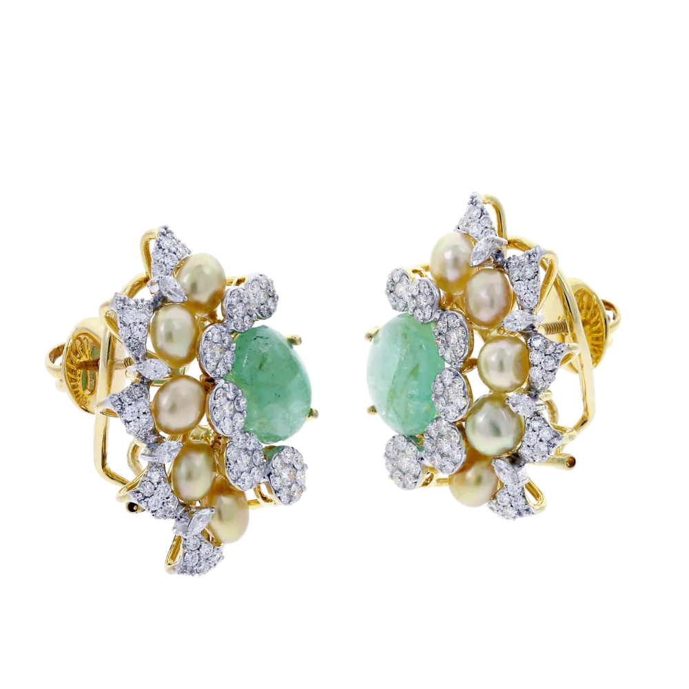 Curved Emerald, Diamond, and Pearl Earrings, 18K Gold
