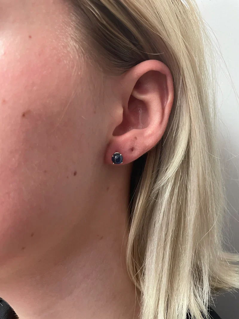 Dark Blue Sapphire Round Cabochon Stud Earrings Made in 14 Karat White Gold