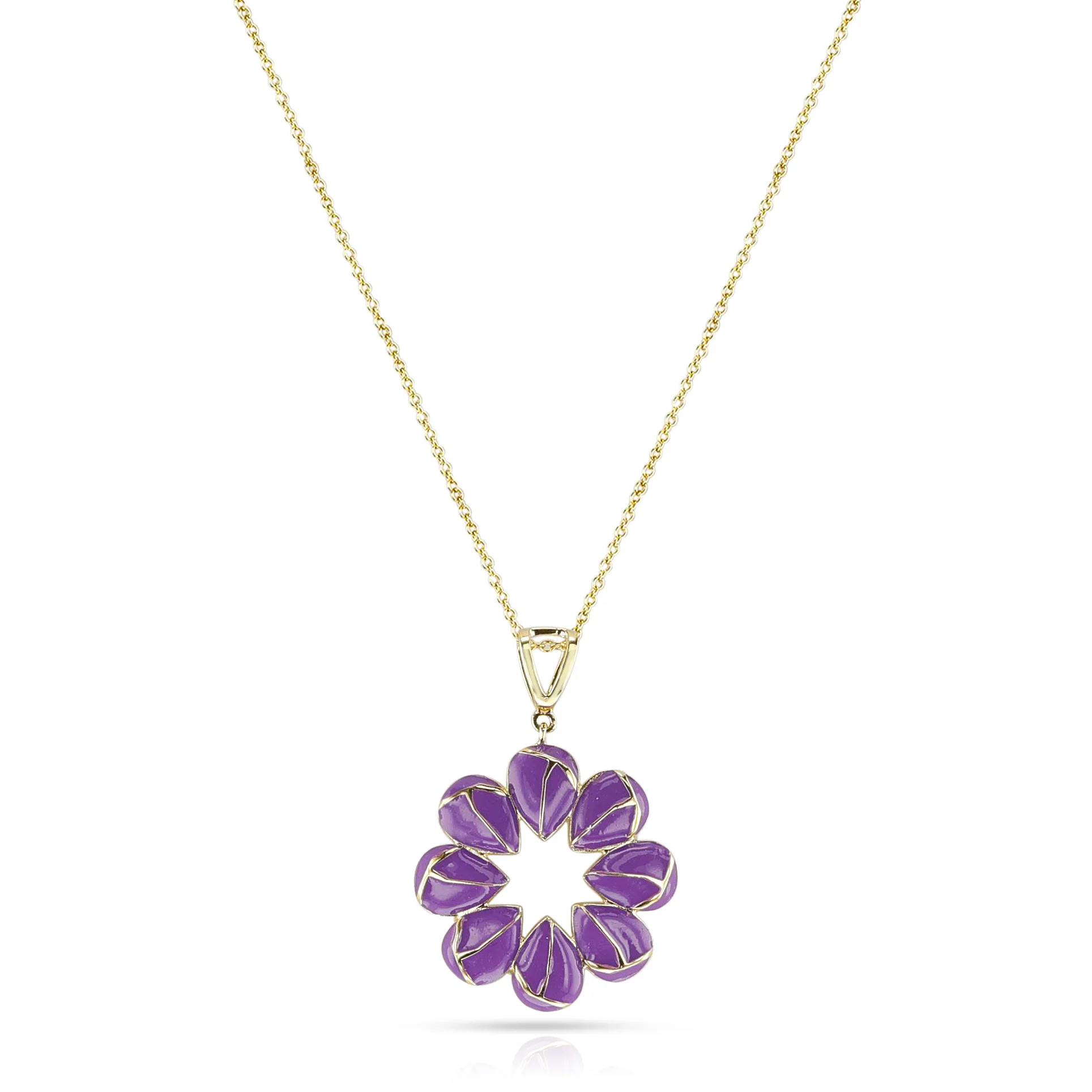 Purple Floral Enamel and Gold Lining Kintsugi Pendant Necklace, 14k