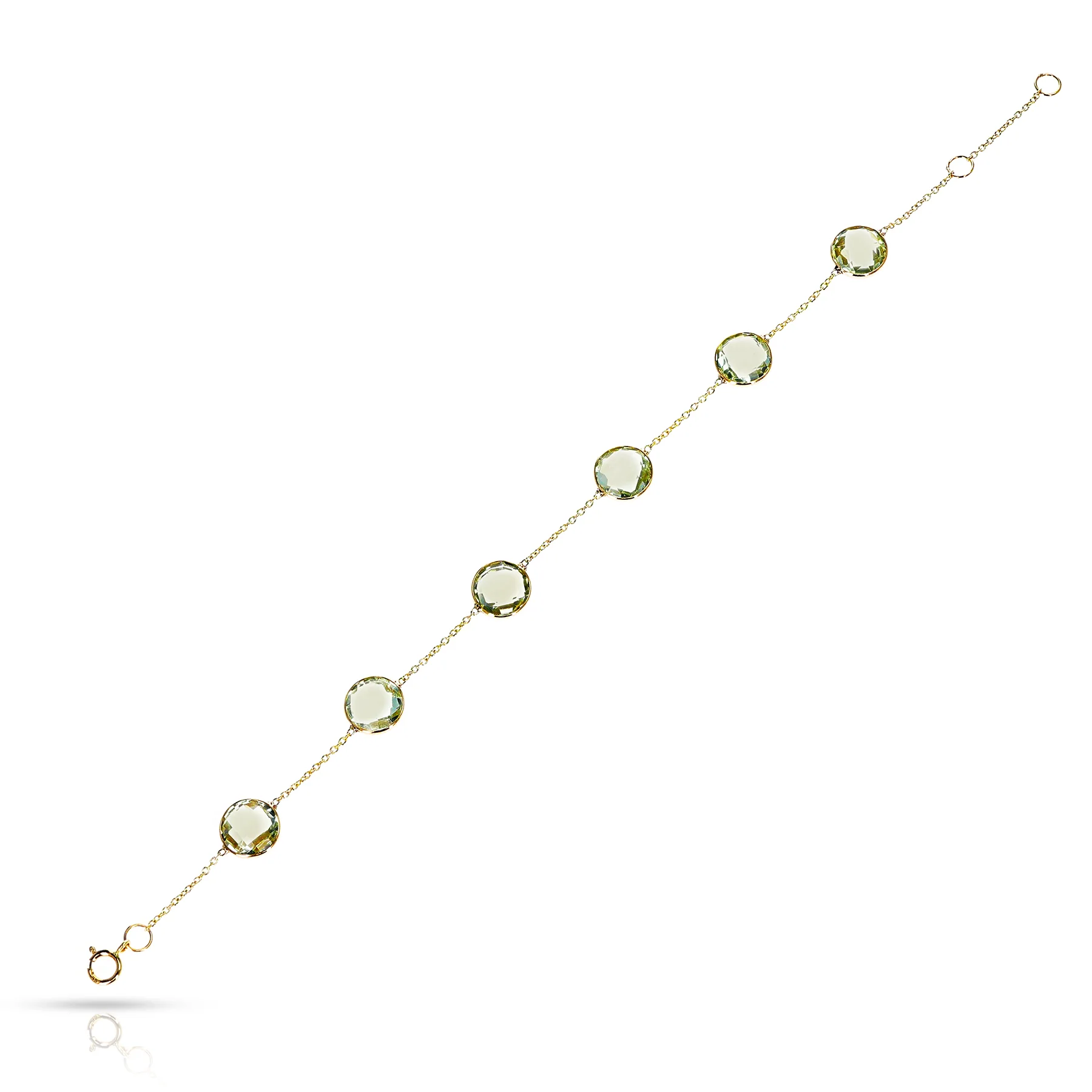 Round Faceted Green Amethyst Adjustable Bracelet, 18k Yellow Gold