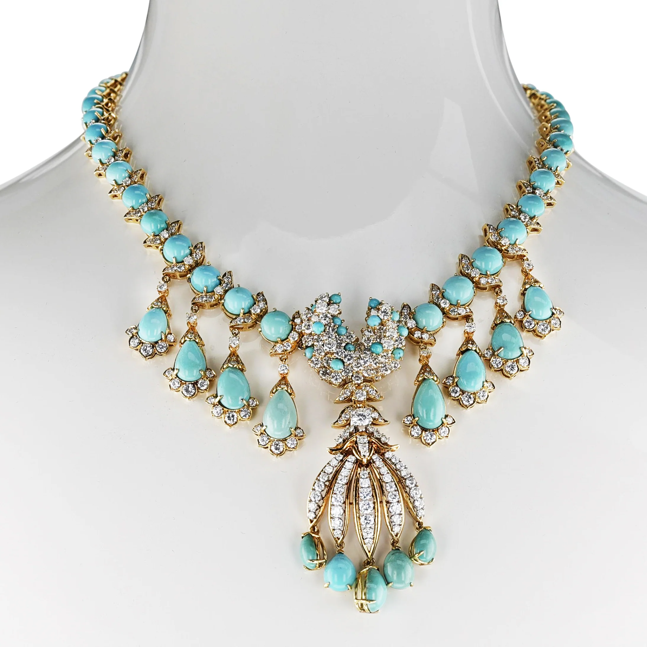 Turquoise and Diamond Fringe Necklace, Detachable Brooch, 18k