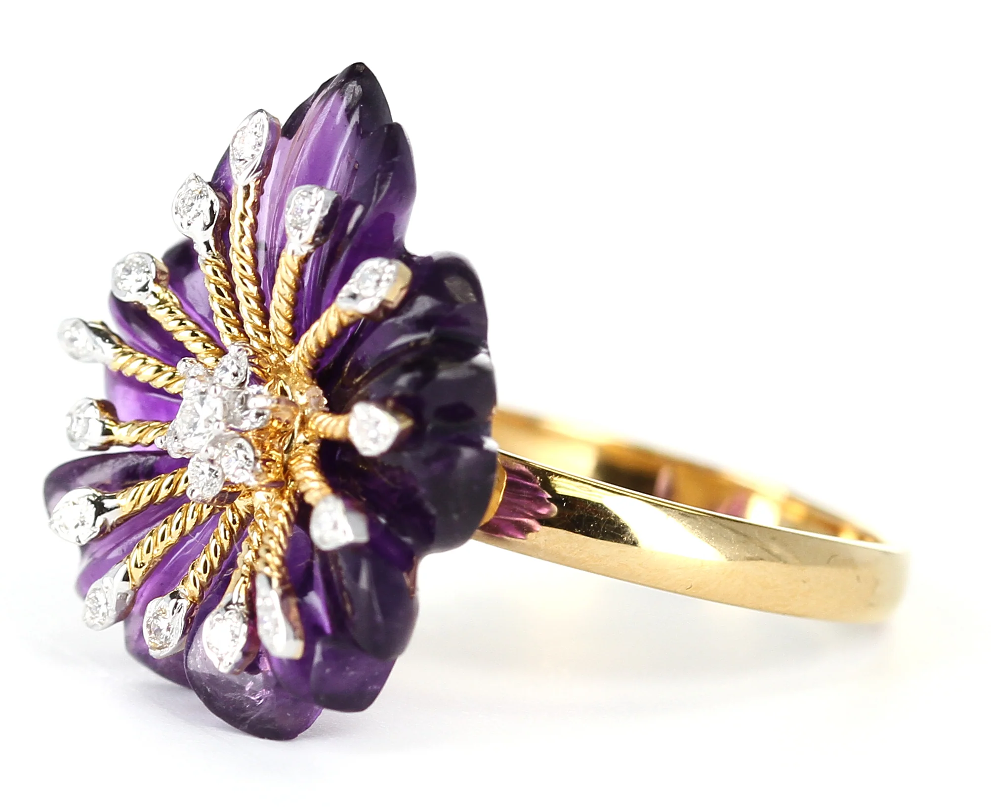 Carved Floral Amethyst Ring with Diamonds