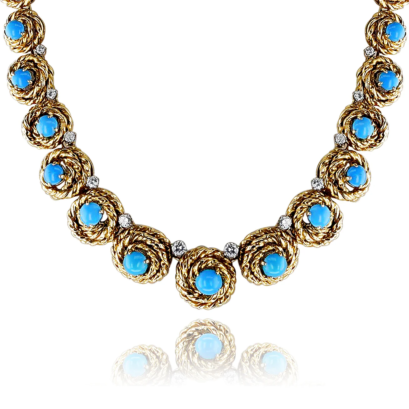 French Van Cleef & Arpels Turquoise Cabochon and Diamond Necklace by Pery et Fils, 18k and Platinum