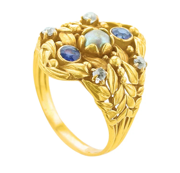 Antique Art Nouveau Pearl Sapphire and Diamond Ring