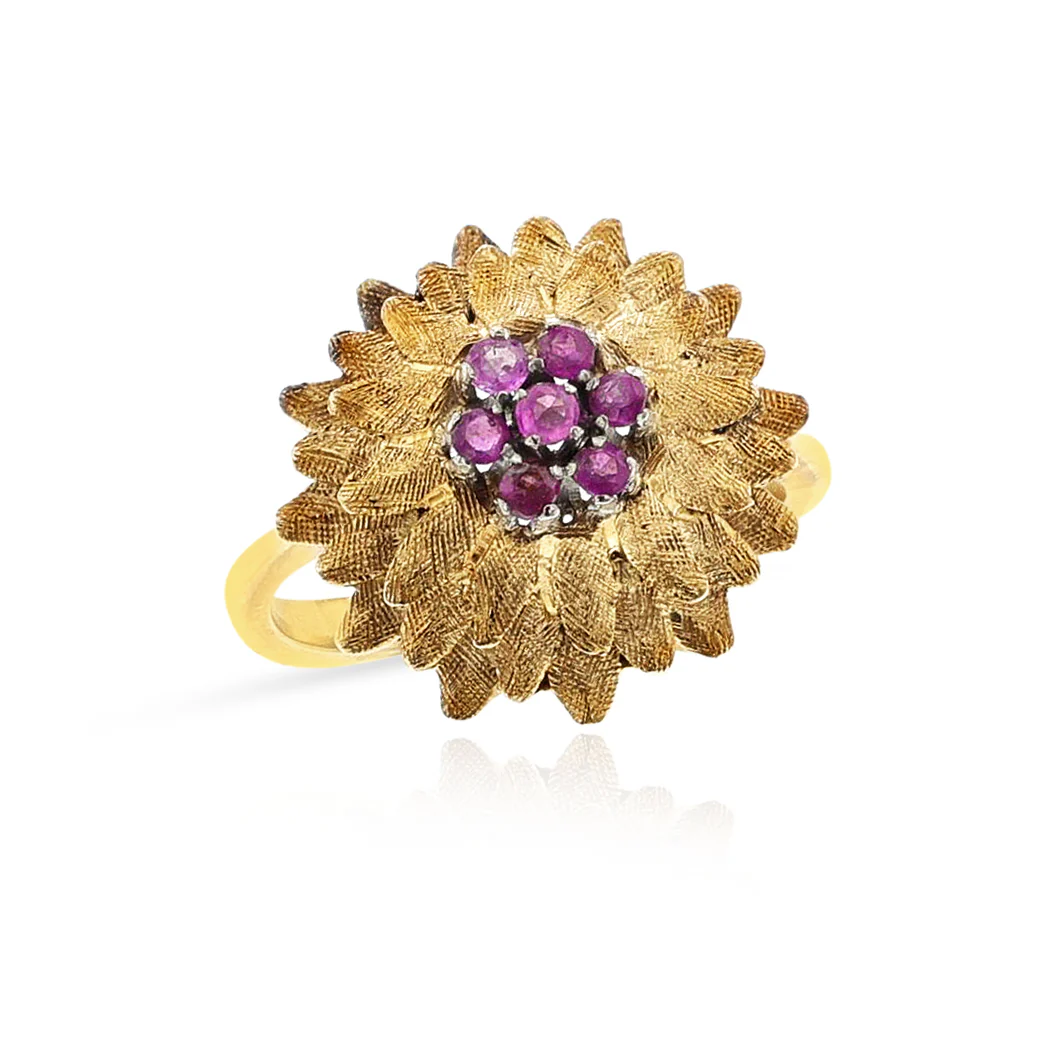 Pink Sapphire Textured Flower Ring, 18k