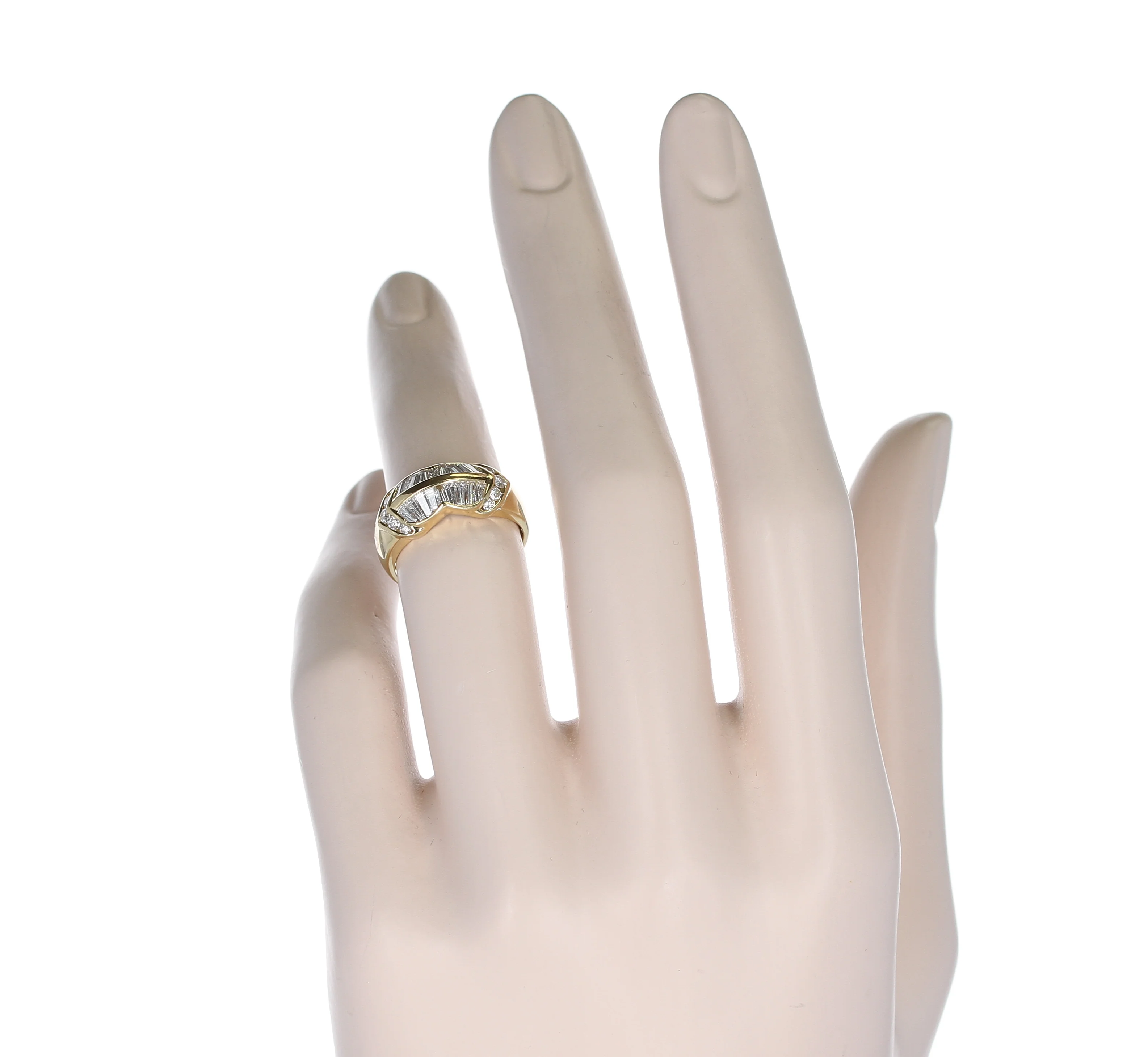 Wavy Two Row Diamond Baguette Ring with Round Diamonds, 18K Yellow Gold