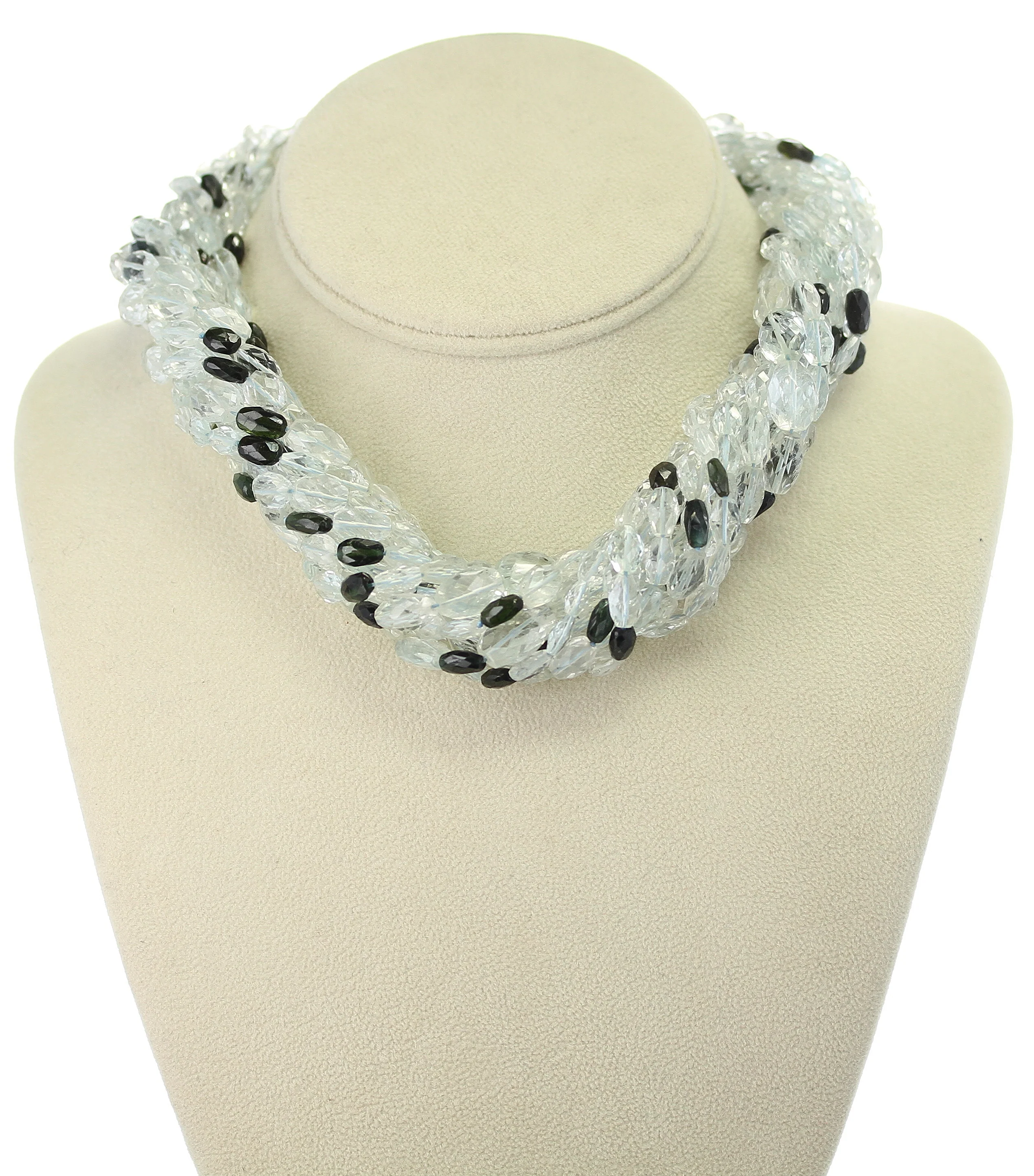 Genuine & Natural Aquamarine Faceted Tumbled Beads with Tourmaline Choker Necklace