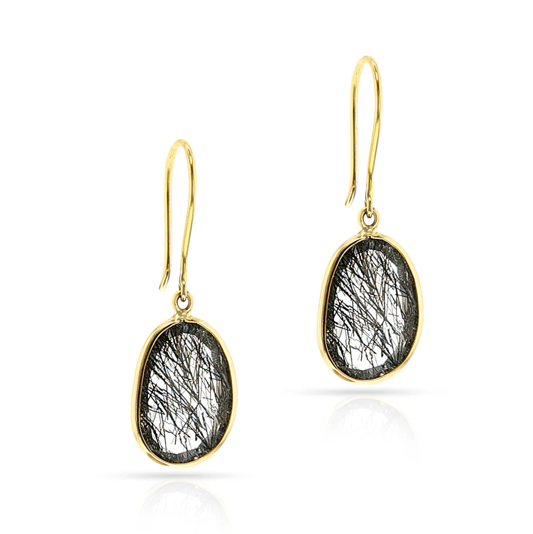Black Rutilated Quartz Hoop Earrings, 18k