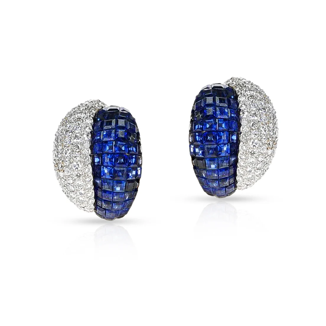 Invisibly Set Blue Sapphire and Diamond Duo Earrings, 18k