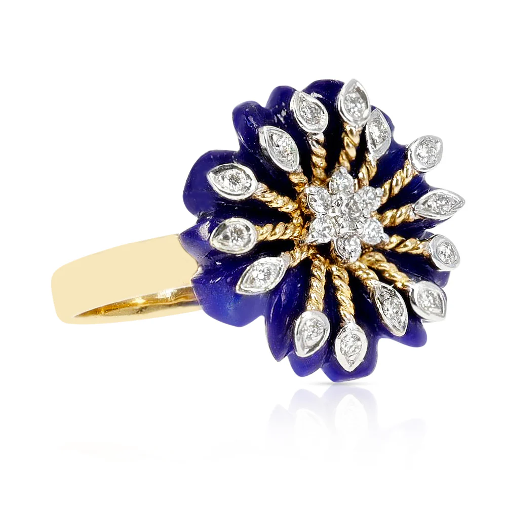Carved Floral 8.21 ct. Lapis with 0.21 ct. Diamonds and Gold Ring, 14K Yellow