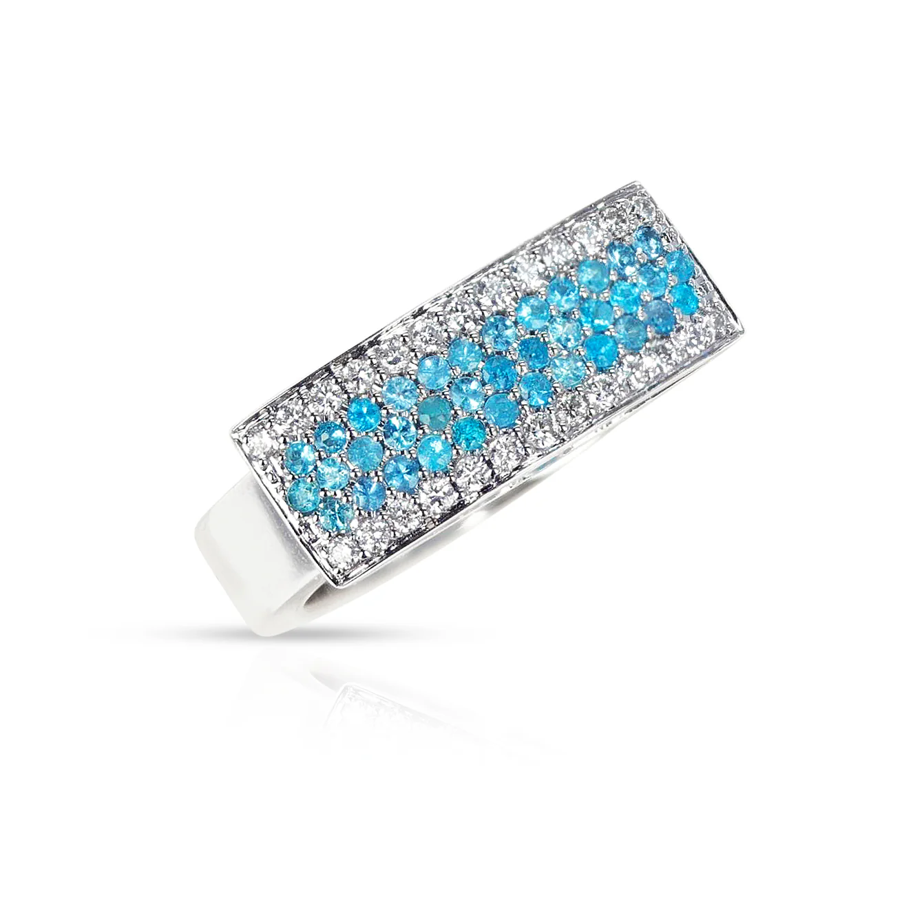Five Row Paraiba and Diamond Rectangular Wedding Band Ring, 18k