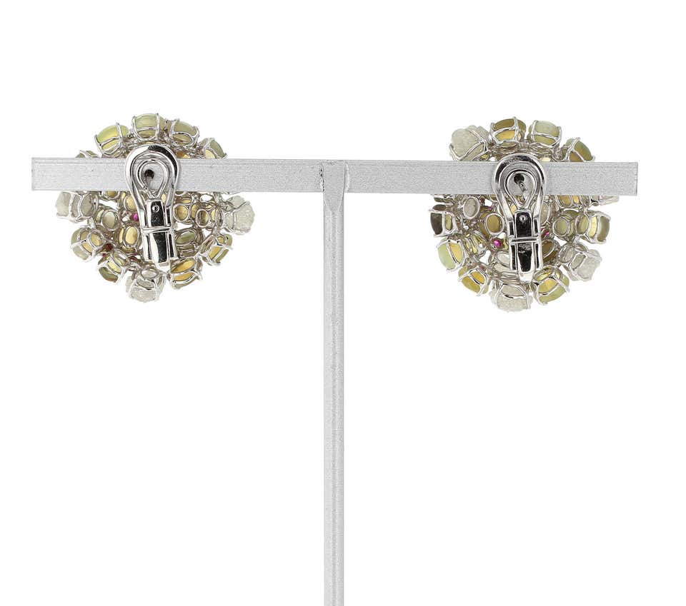 Cat’s Eye Chrysoberyl Earrings with Rough Diamonds and Rubies, 18 Karat Gold