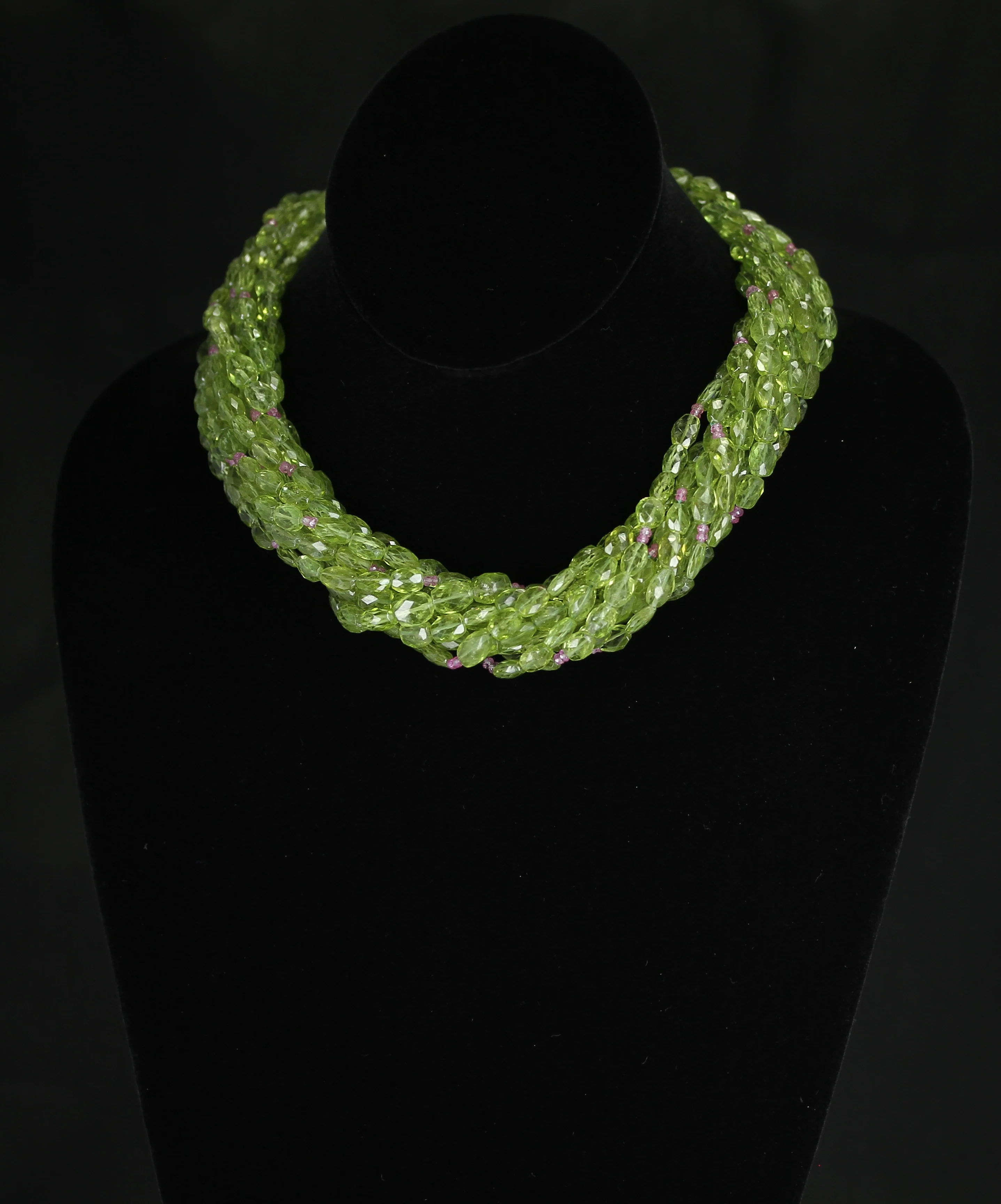 Genuine & Natural Peridot Tumbled Faceted Beads with Pink Sapphire Beads Choker Necklace