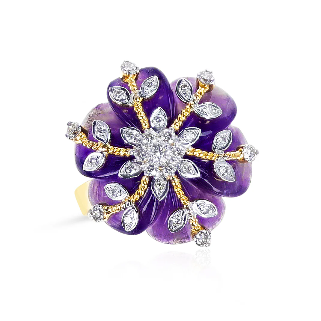 Carved Floral Amethyst Ring with Diamonds