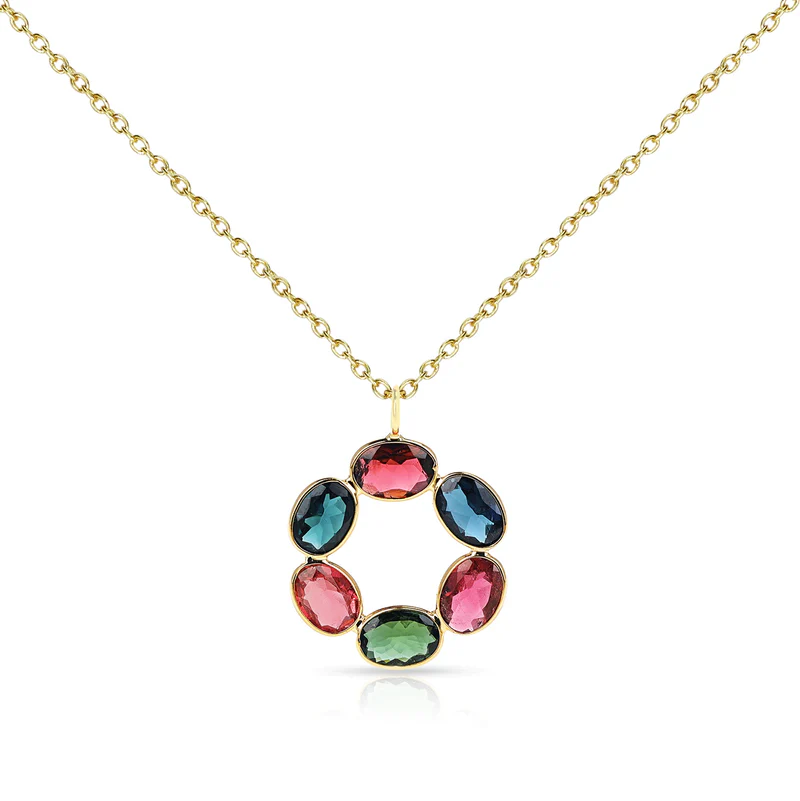 Oval Multi Color Tourmaline Floral Pendant, 18K Yellow Gold