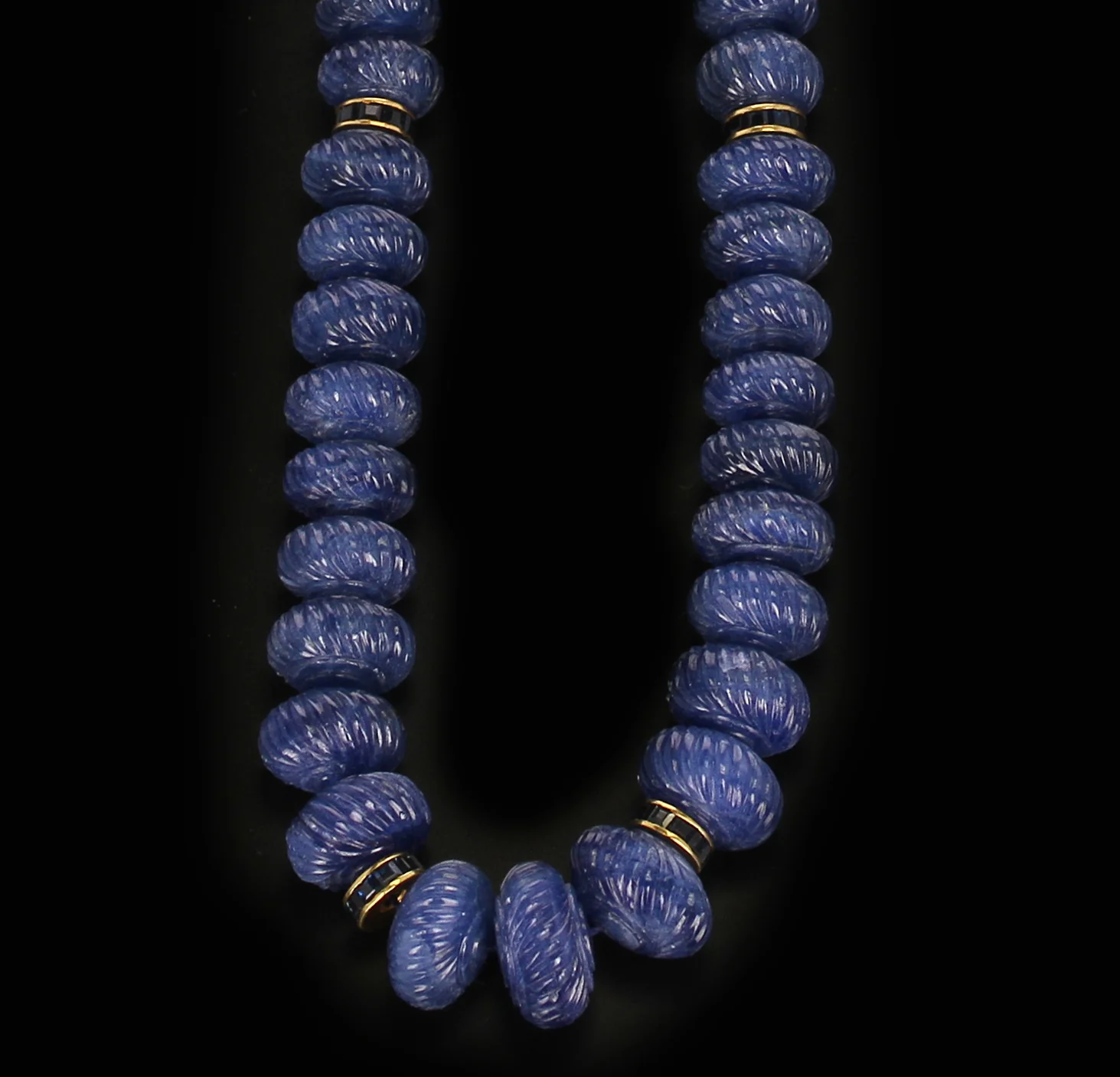 Genuine & Natural Carved Blue Sapphire Beads Necklace with Calibre Sapphire & Gold Spacers