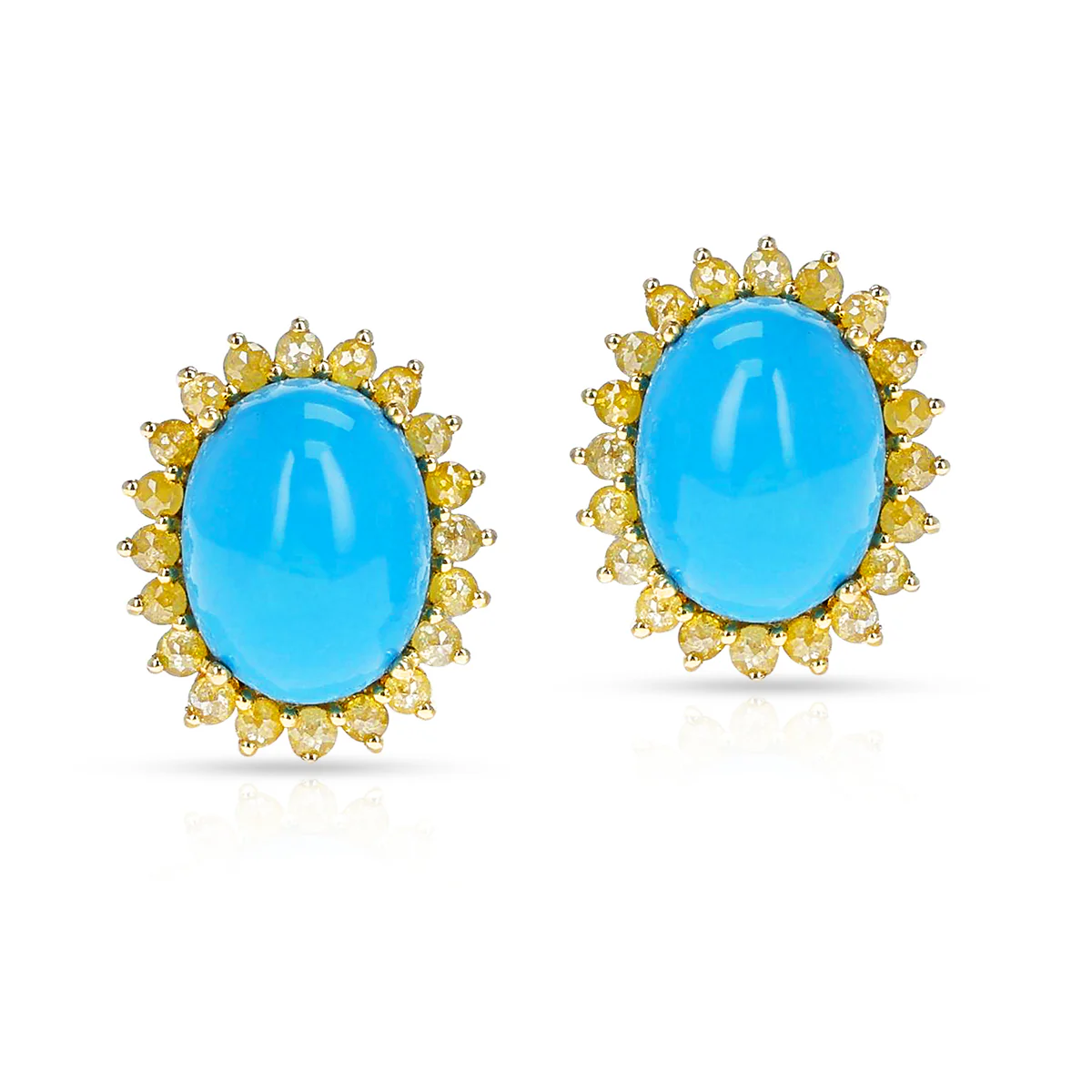 GIA Certified Natural Turquoise Cabochon Earrings with Yellow Diamonds, 18k