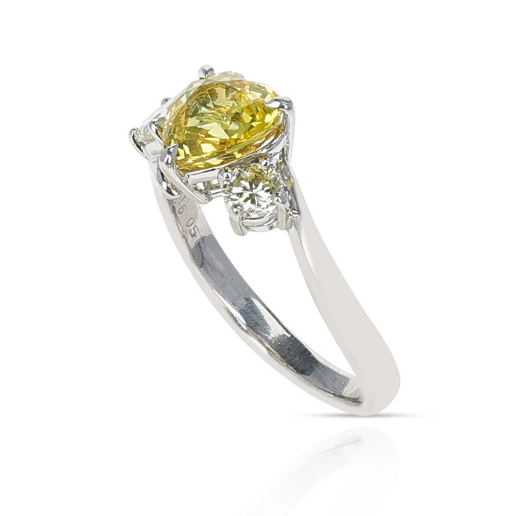 2.16 carat Heart-Shape Yellow Sapphire with 0.51 ct. Two Round Diamonds, Platinum