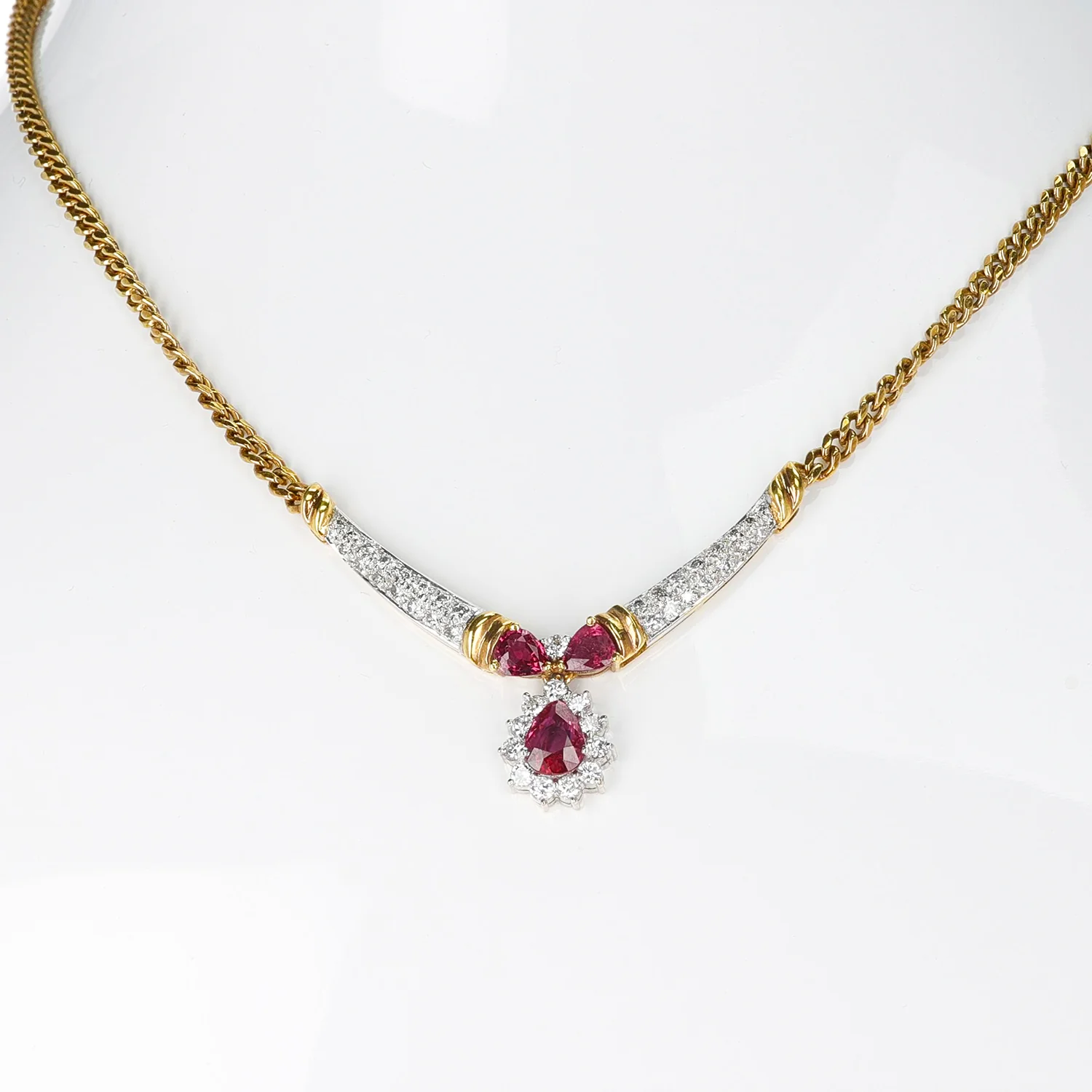 Pear Shape Ruby and Diamond Necklace, 18K Yellow Gold
