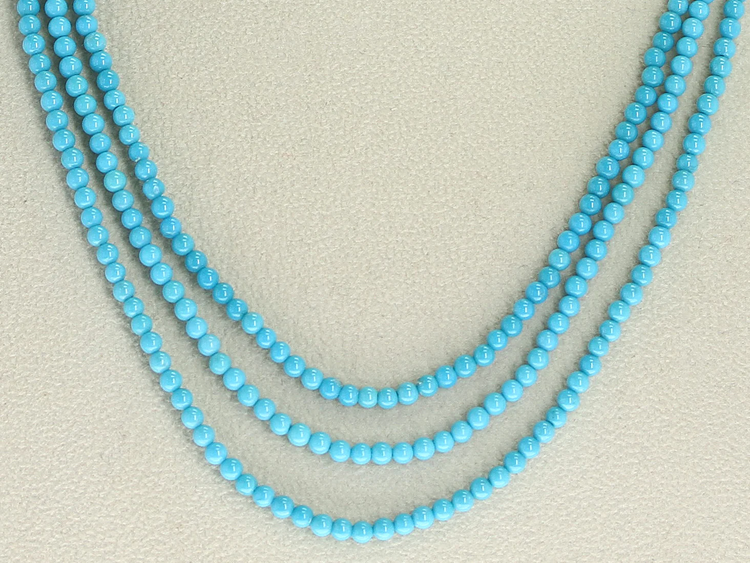 Genuine 3MM Turquoise Beads Three Strand Necklace, 14K Yellow Gold