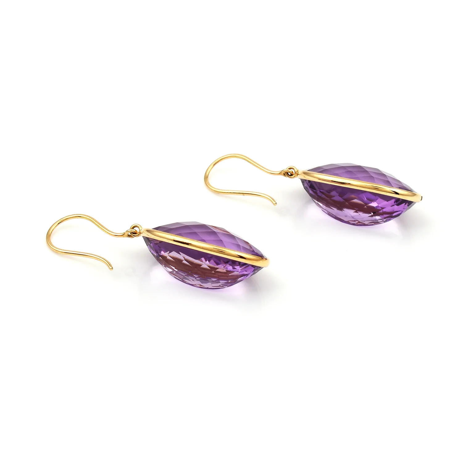 Amethyst Oval Shape Dangling Earrings, 18 Karat Yellow Gold