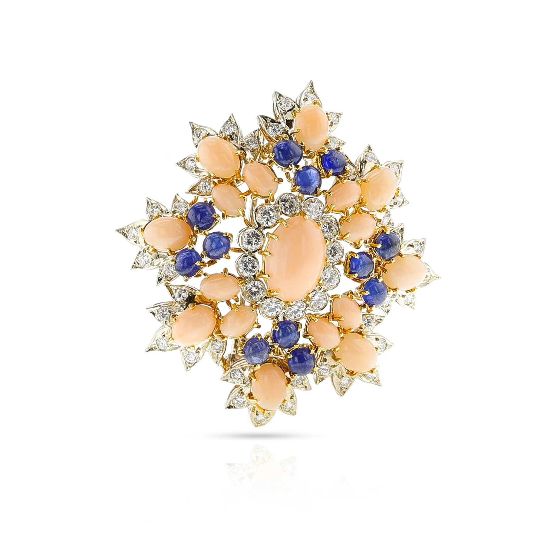 David Webb Coral, Sapphire and Diamond Brooch, Gold & Platinum