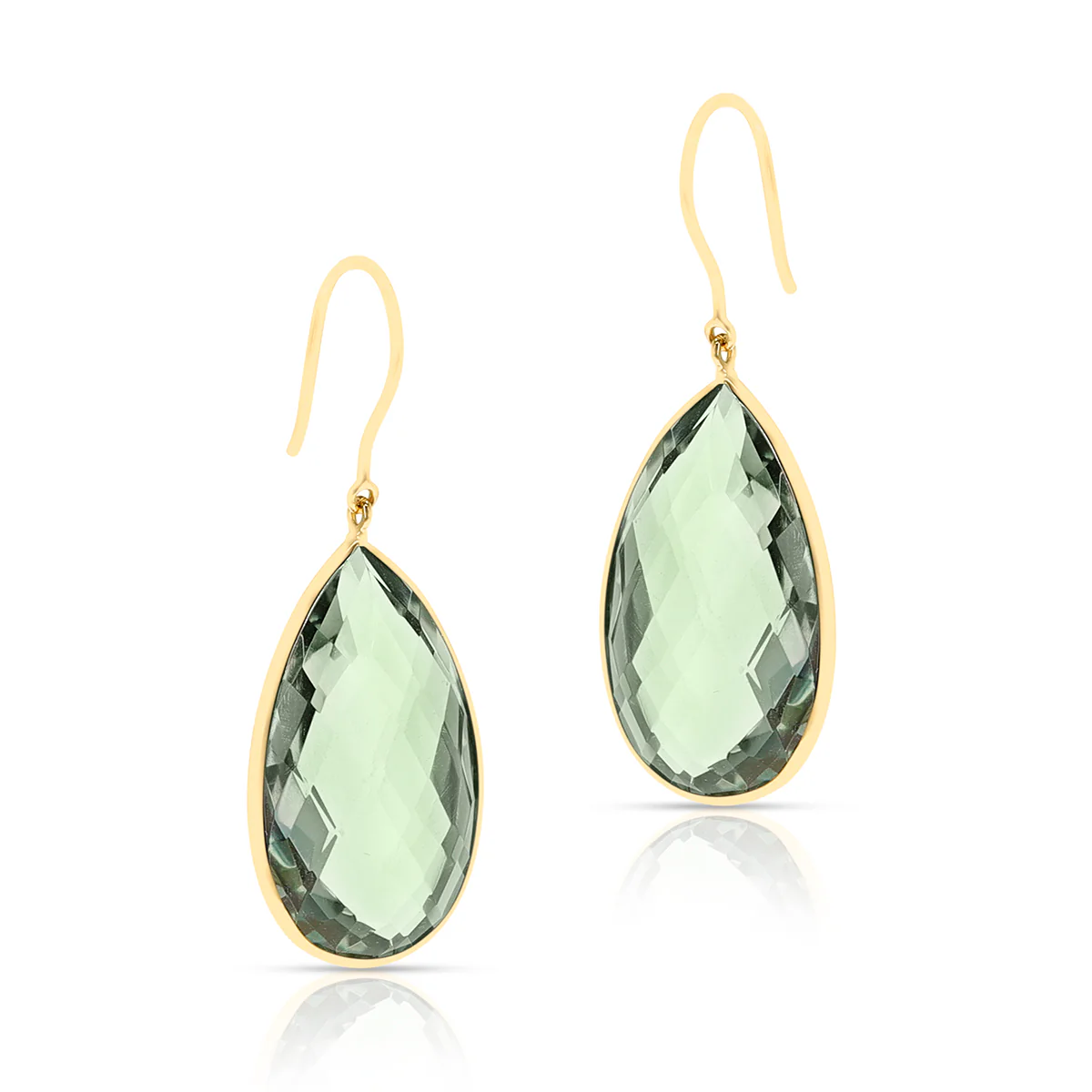 Green Amethyst Pear Shape Dangling Earrings made in 18 Karat Yellow Gold.