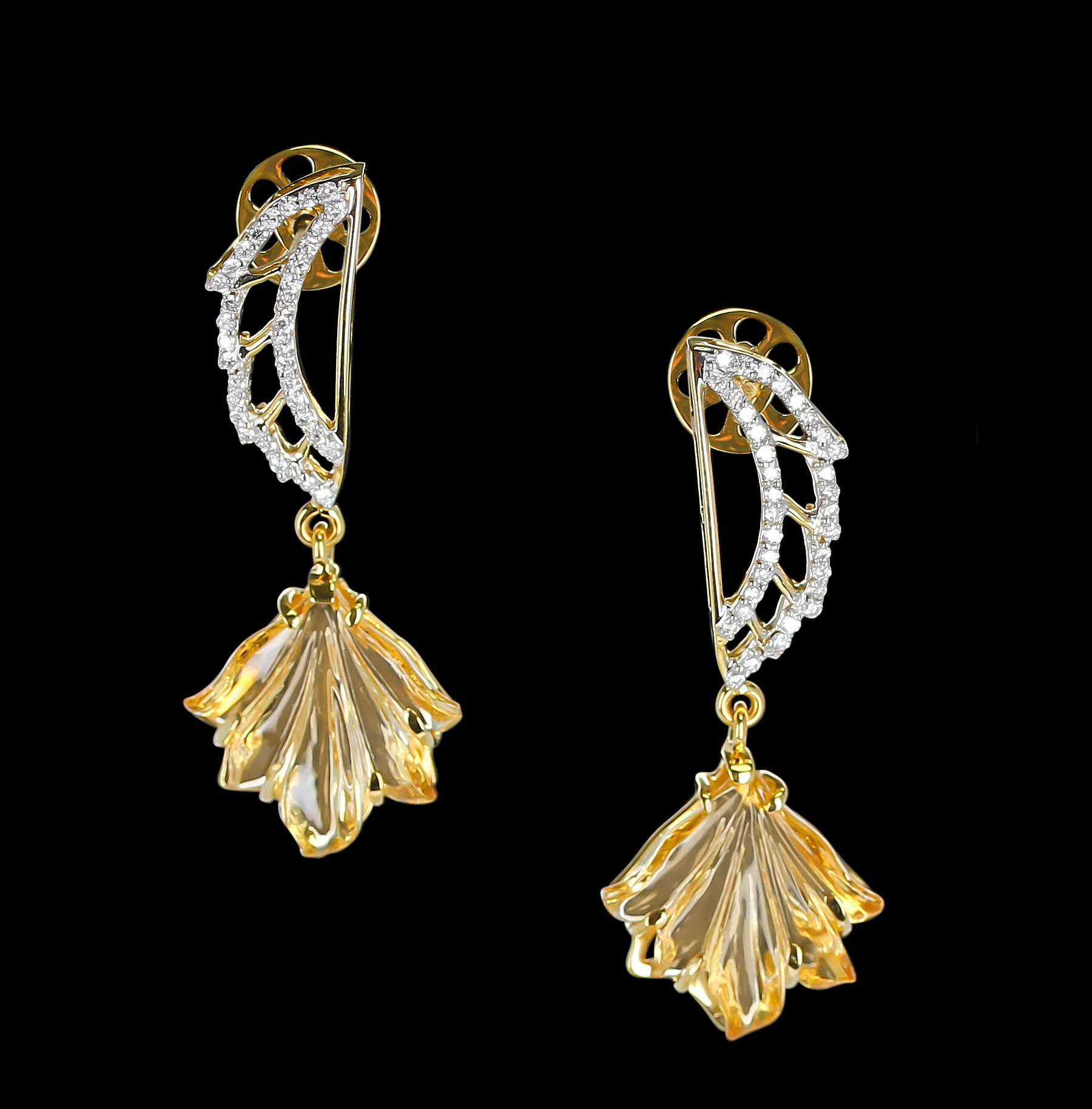 Carved Citrine and Diamond Wing Earrings, 14K Gold