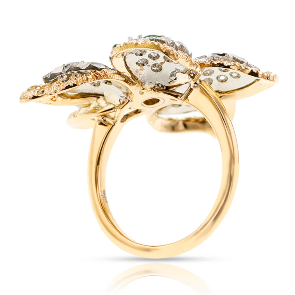 Floral Diamond and Emerald Earring, Ring, Pendant Set, 18k