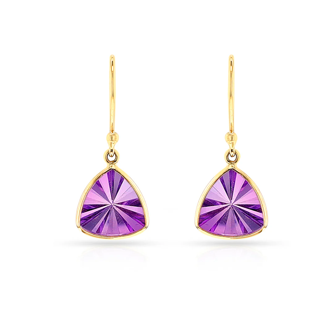 Triangular Amethyst Dangling Earrings, 18k