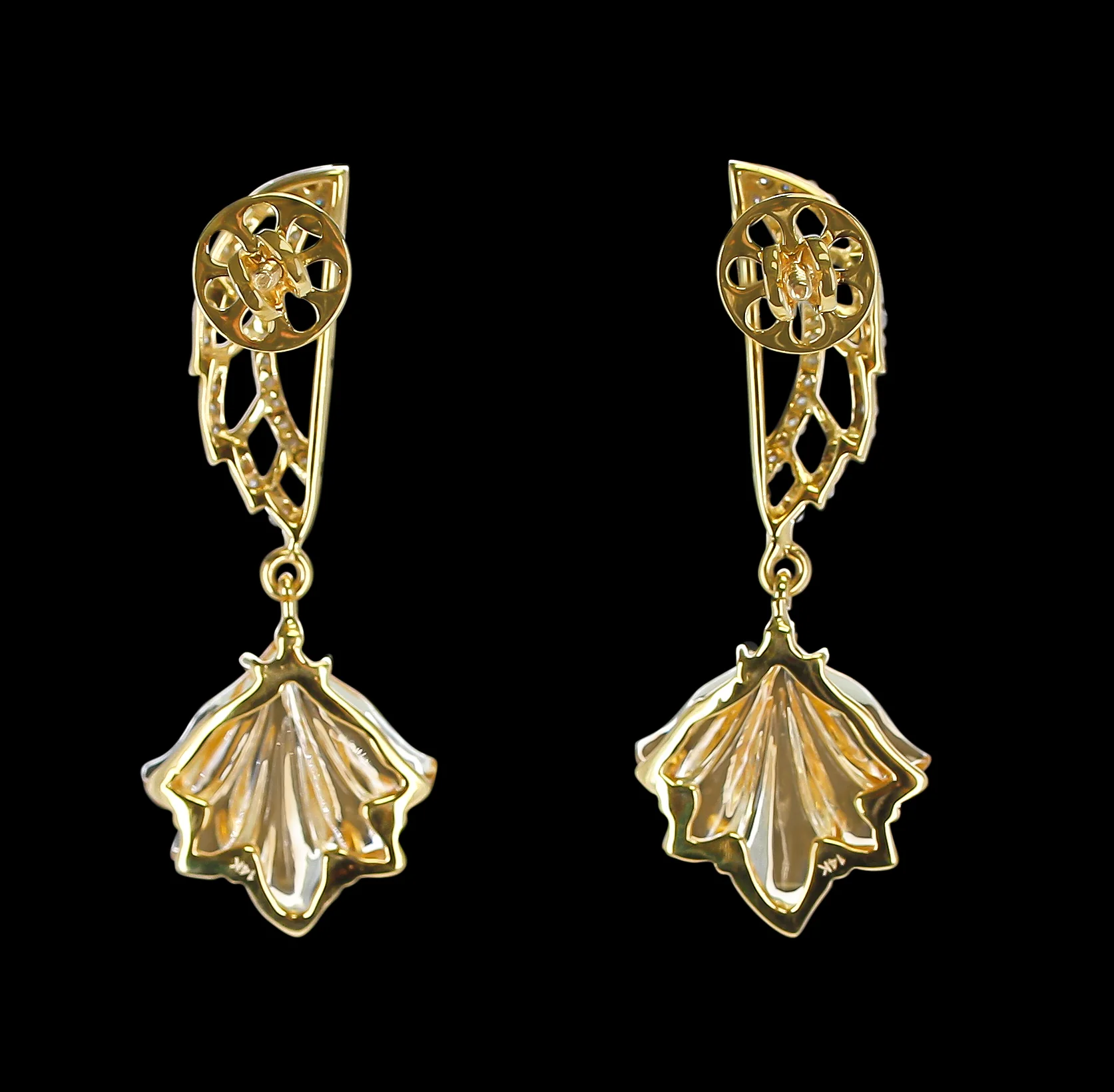 Carved Citrine and Diamond Wing Earrings, 14K Gold