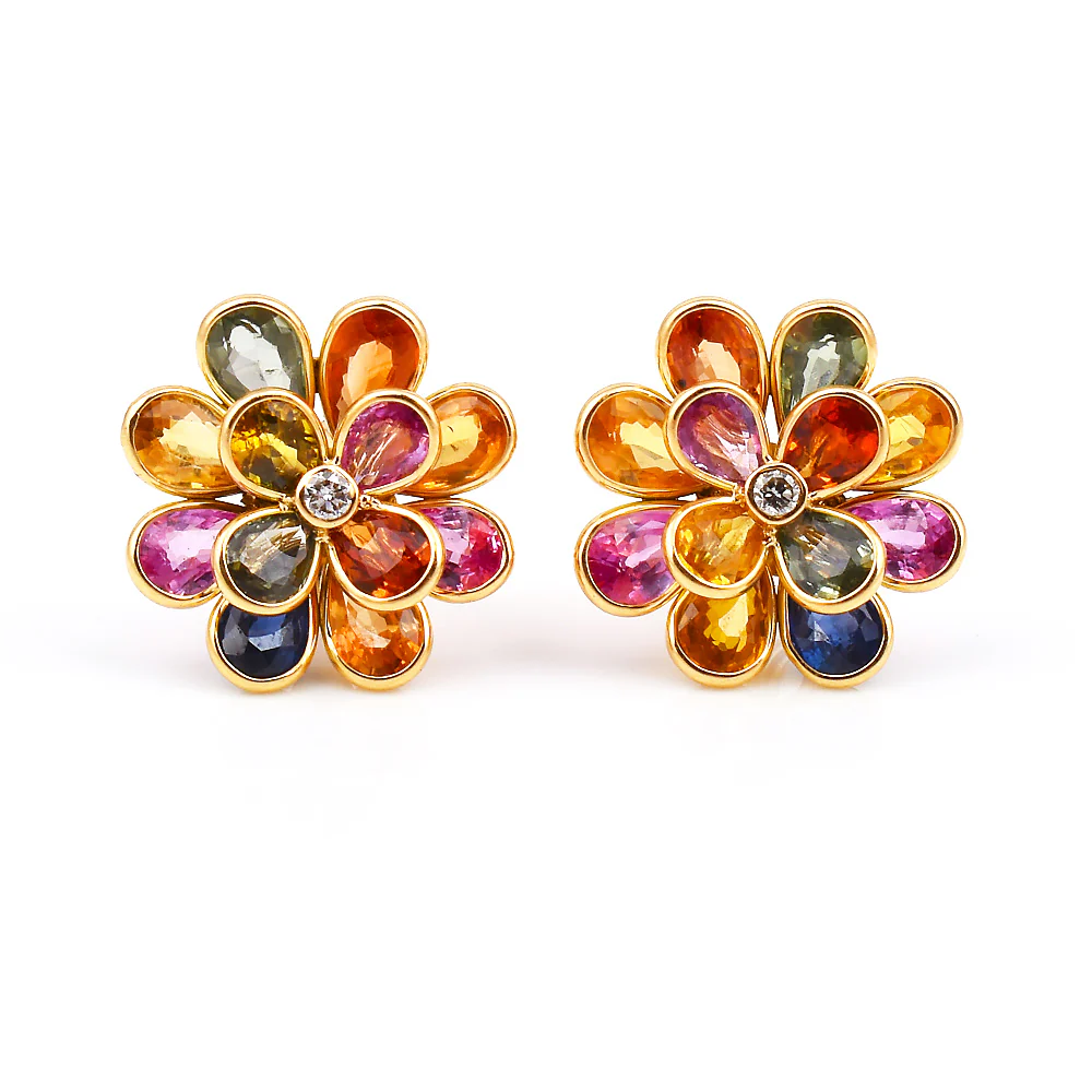 Multi Sapphire Pear Shape Bezel Set Floral Earrings made in 18 Karat Yellow Gold.
