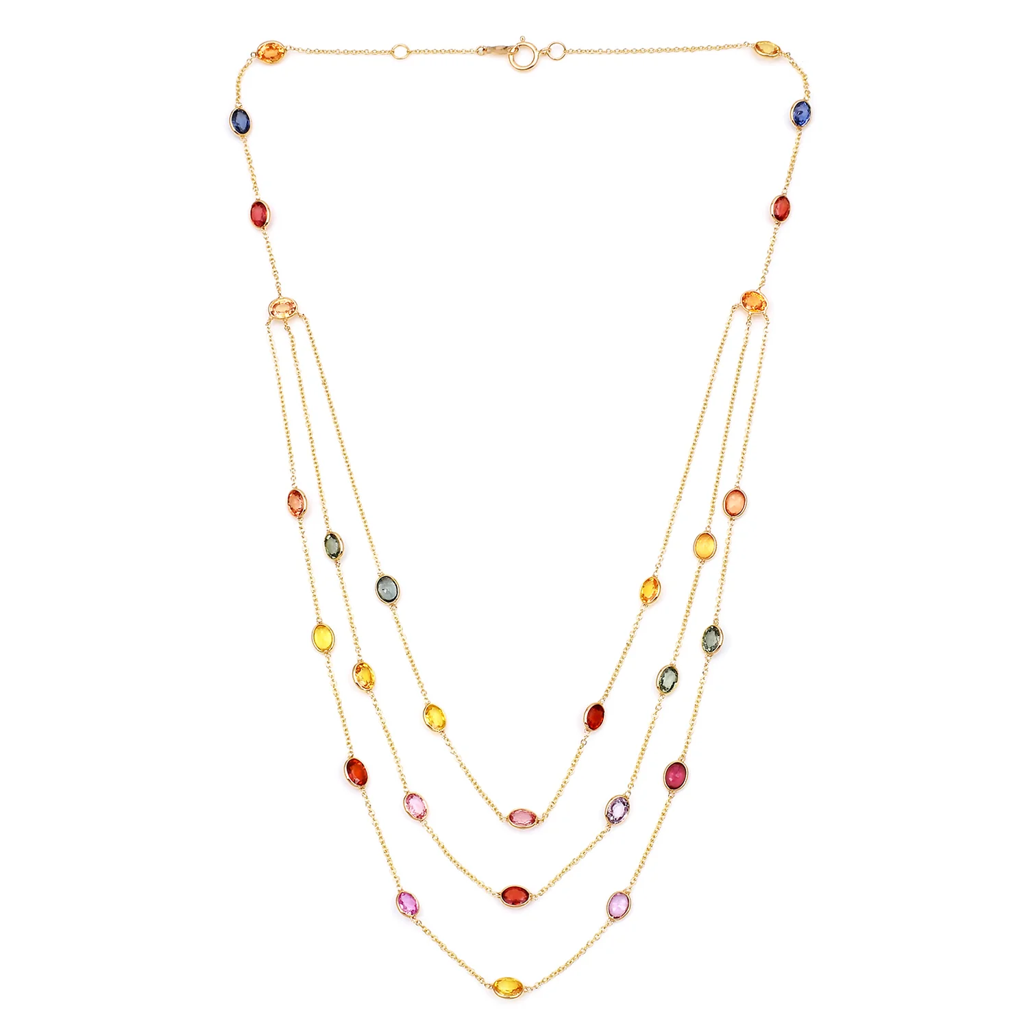 Oval Precious Gemstone Triple Layer Necklace, 18k