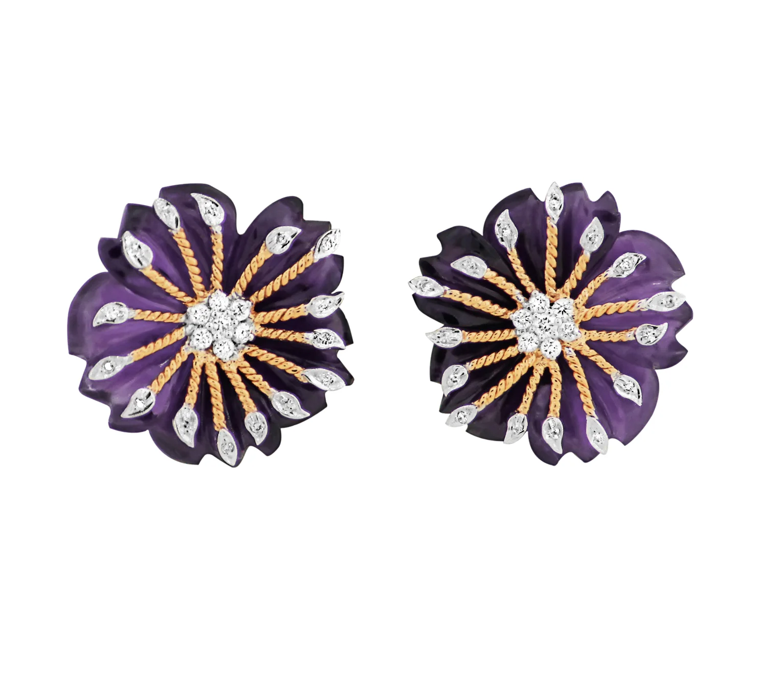 Carved Round Floral Amethyst Earrings with Diamonds