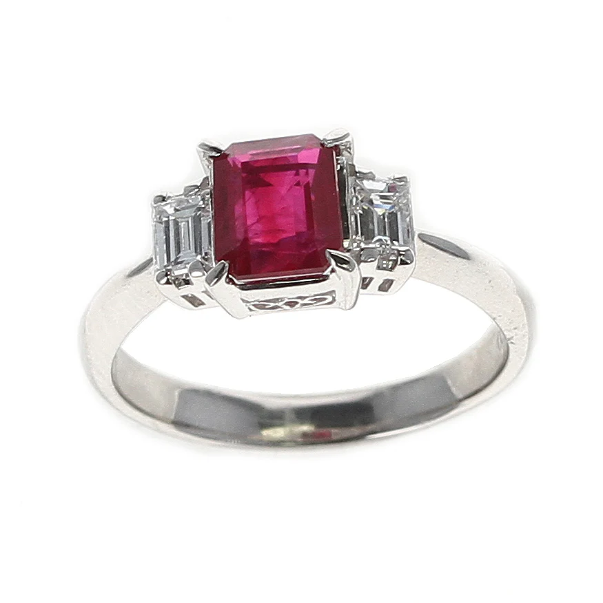 GIA Certified 1.25 Carat Emerald-Cut Burma Ruby Three-Stone Diamond Ring